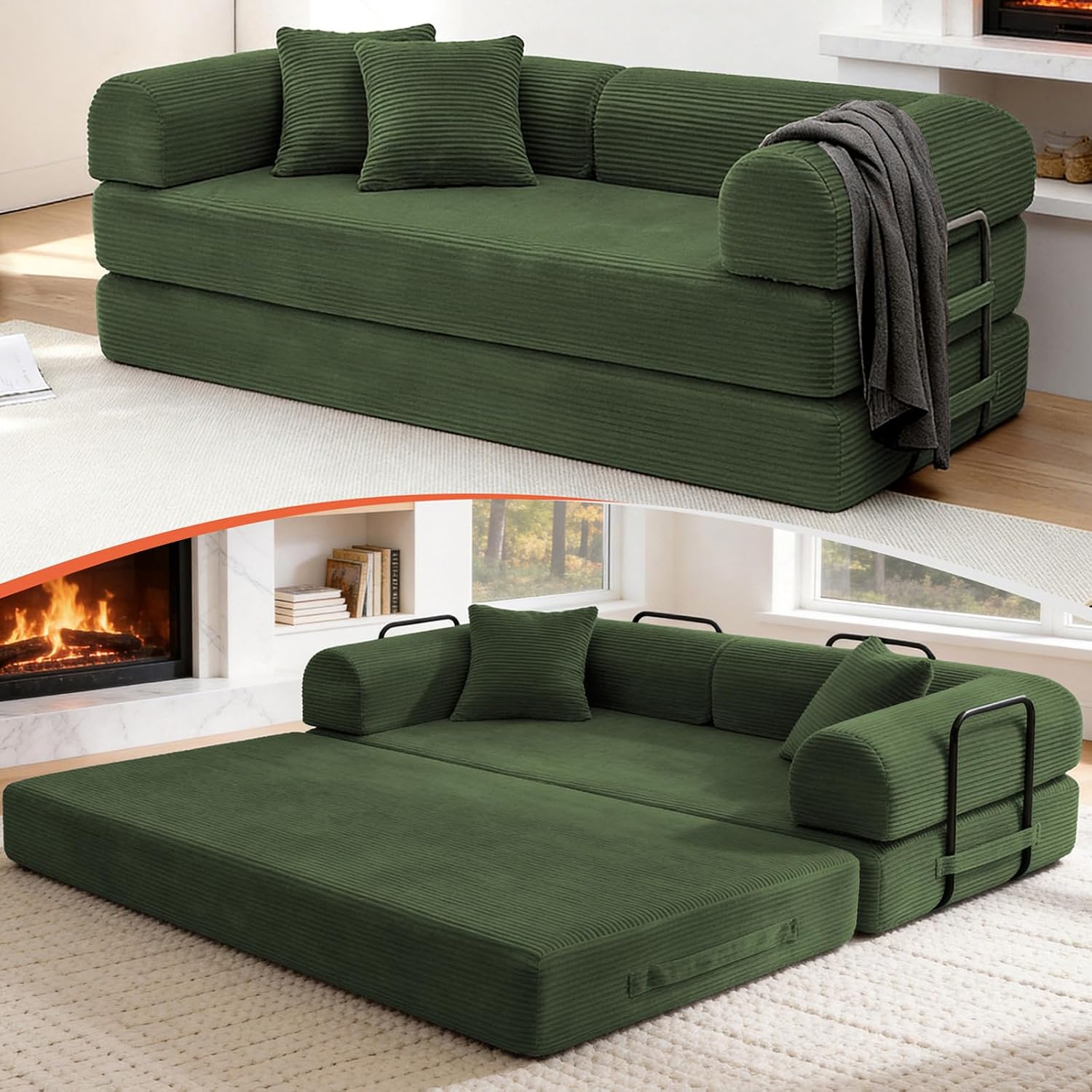 79'' Convertible Sofa Bed, Boneless Couch-in-a-Box, Corduroy Floor Futon Loveseat Sleeper, 26'' Deep Seat, Removable Machine-Wash Covers, No Assembly, 2 Pillows, Forest Green