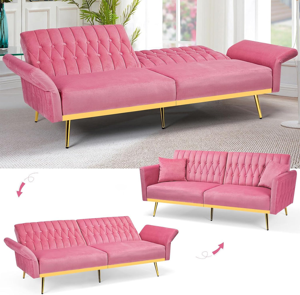 2 Pieces Velvet Sofa Set with Adjustable Armrest and Backrest, 70' Convertible Futon Sofa Bed & Mordern Accent Chair with Ottoman for Living Room, Bedroom, Pink