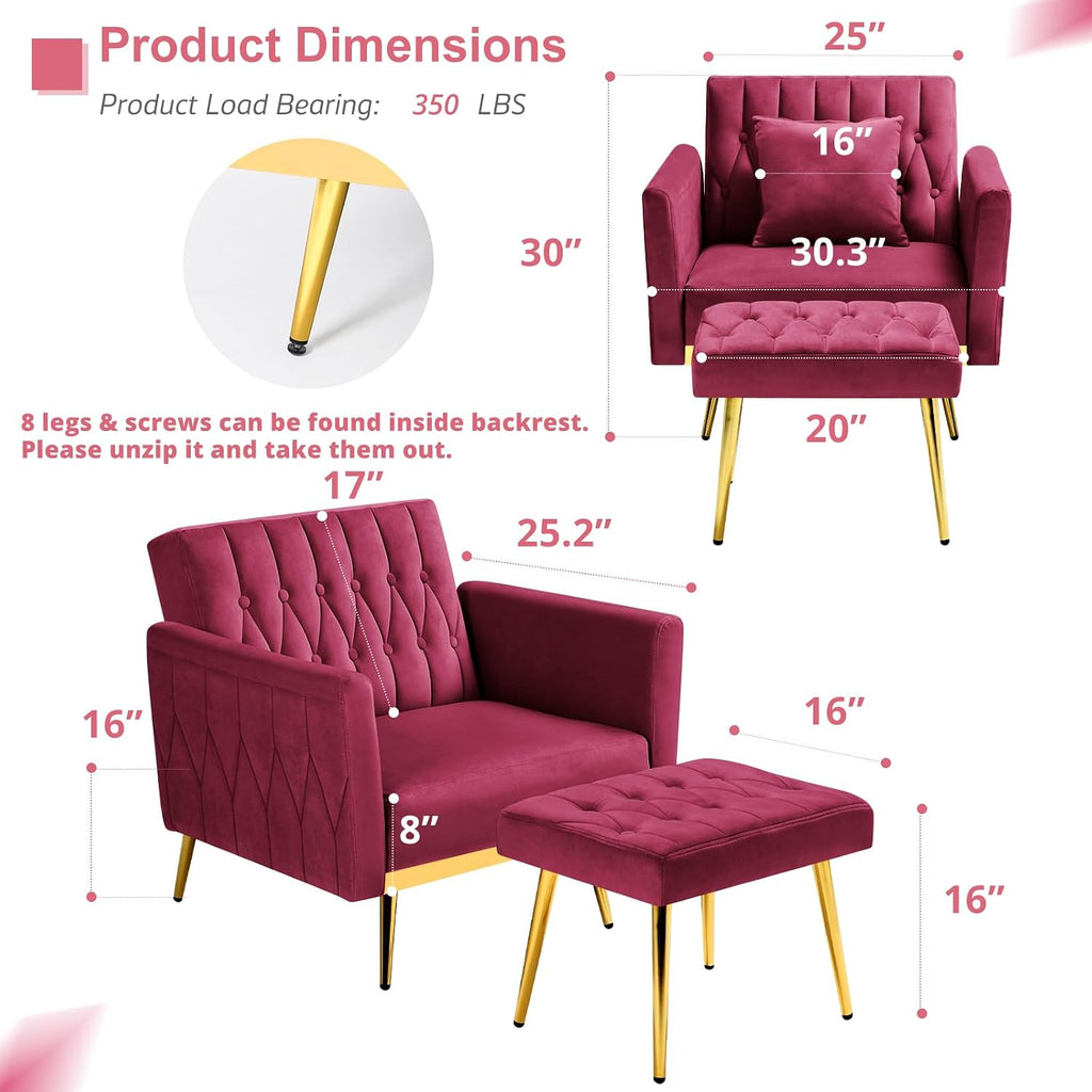 2 Pieces Velvet Futon Sofa Set with Adjustable Backrests and Armrests, 70' Convertible Sofa Bed & Tufted Accent Chair with Ottoman for Living Room, Fuchsia