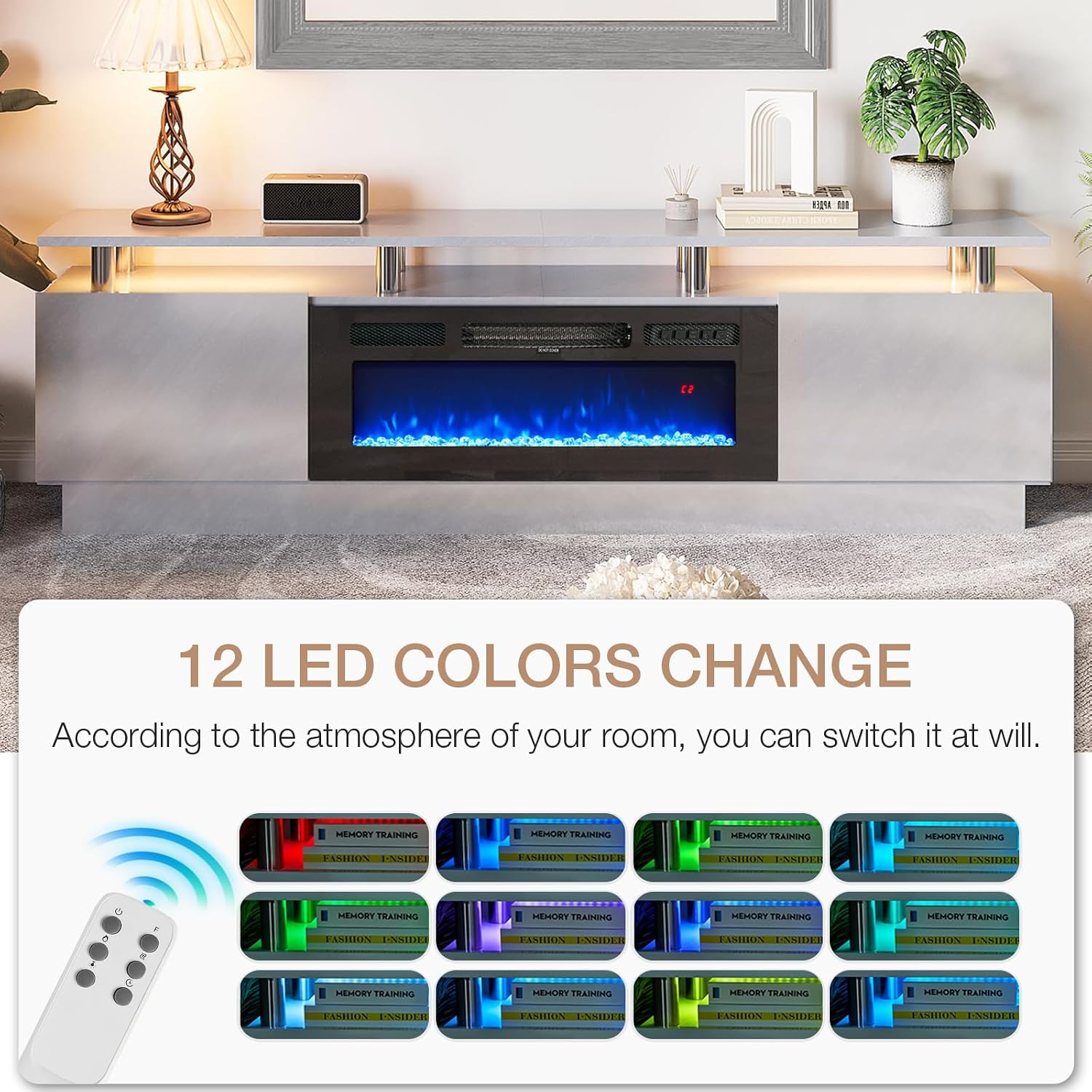 oneinmil Fireplace TV Stand with 36' Electric Fireplace, 80' 2 Tier TV Console Stand for TVs Up to 90', LED Light Entertainment Center, Fireplace for The Living Room TV Stand, Gray