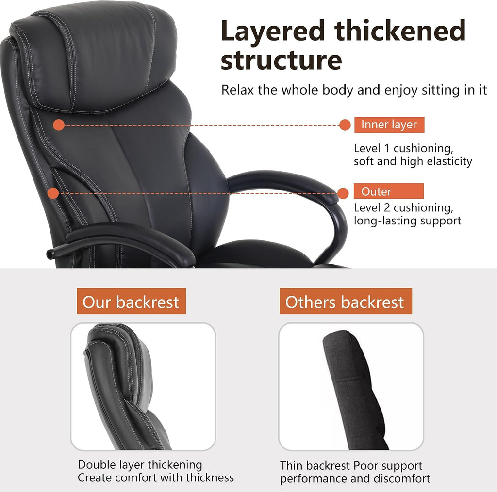 PayLessHere Big and Tall Office Chair Desk Chair 500lbs Wide Seat Ergonomic Chair with Arms and Lumbar Support Pu Leather High Back Executive Task Ergonomic Computer Chair for Back Pain, Black