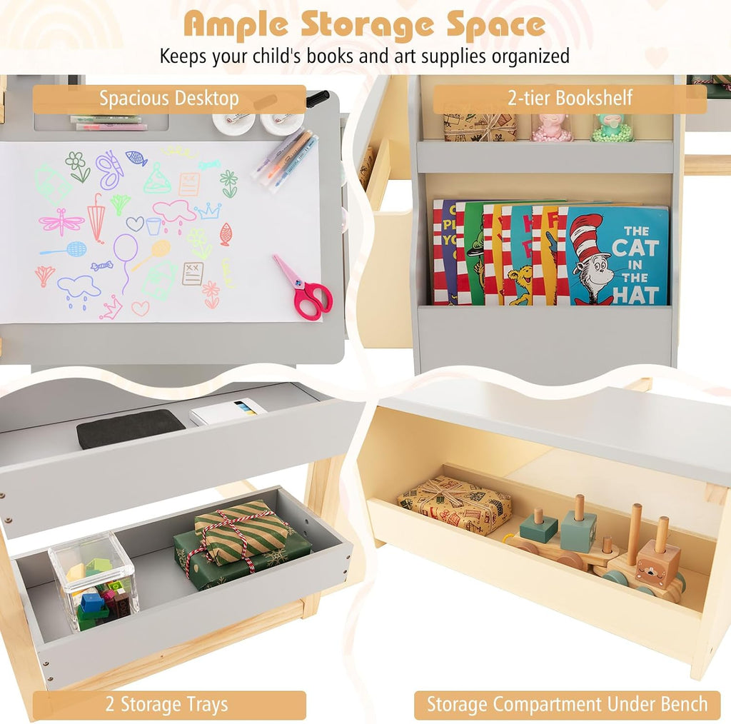 HONEY JOY Kids Art Easel, 6-in-1 Wooden Double-Sided Toddler Table & Chair Set w/Adjustable Magnetic White Board & Chalkboard, Paper Roll, Bookshelf, Storage, Kids Art Table and Chair (Gray)