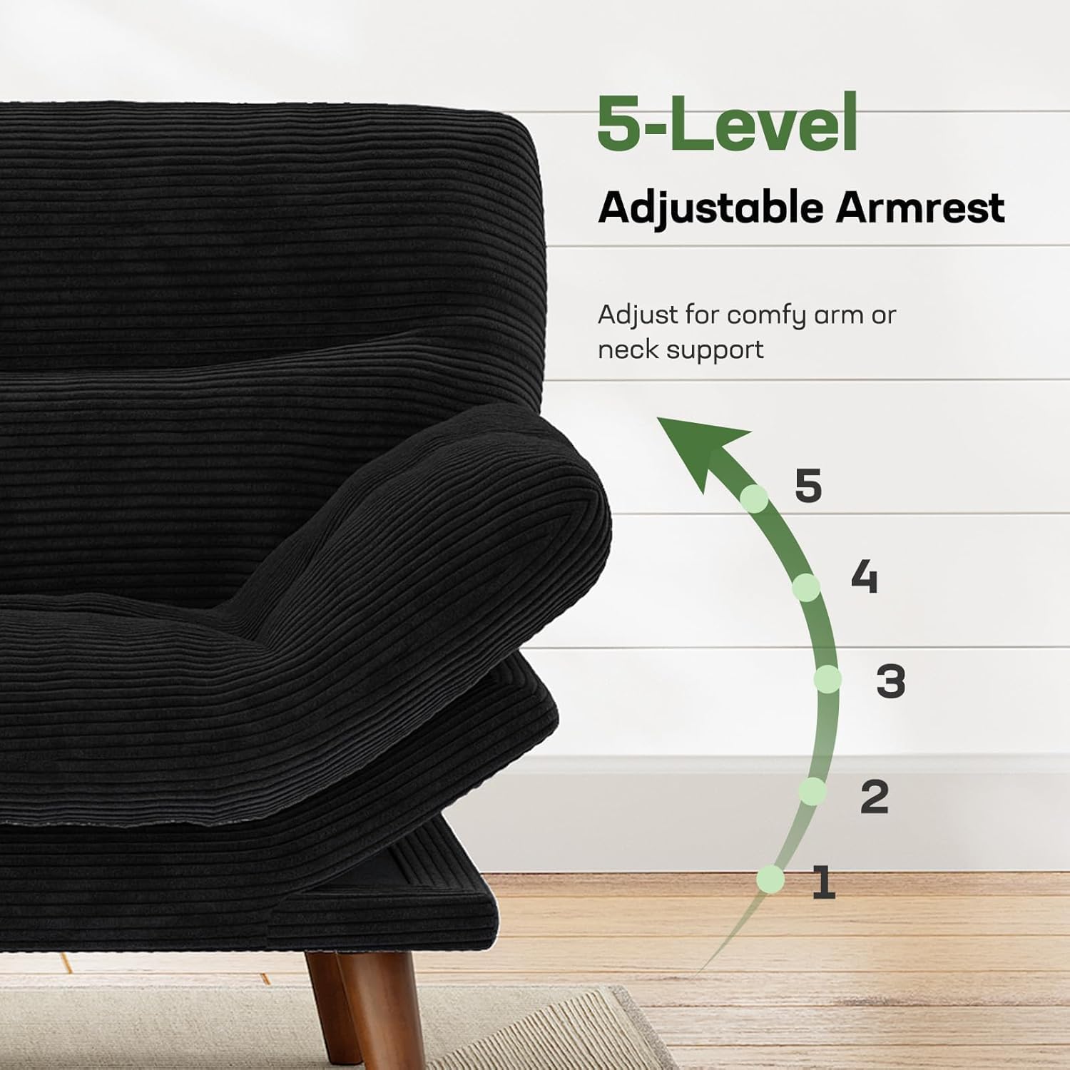 Marsail 66' Futon Sofa Bed, Convertible Corduroy Futon Couch with Adjustable Backrest & Armrests, Small Sleeper Sofa Loveseat for Living Room, Apartment, Black