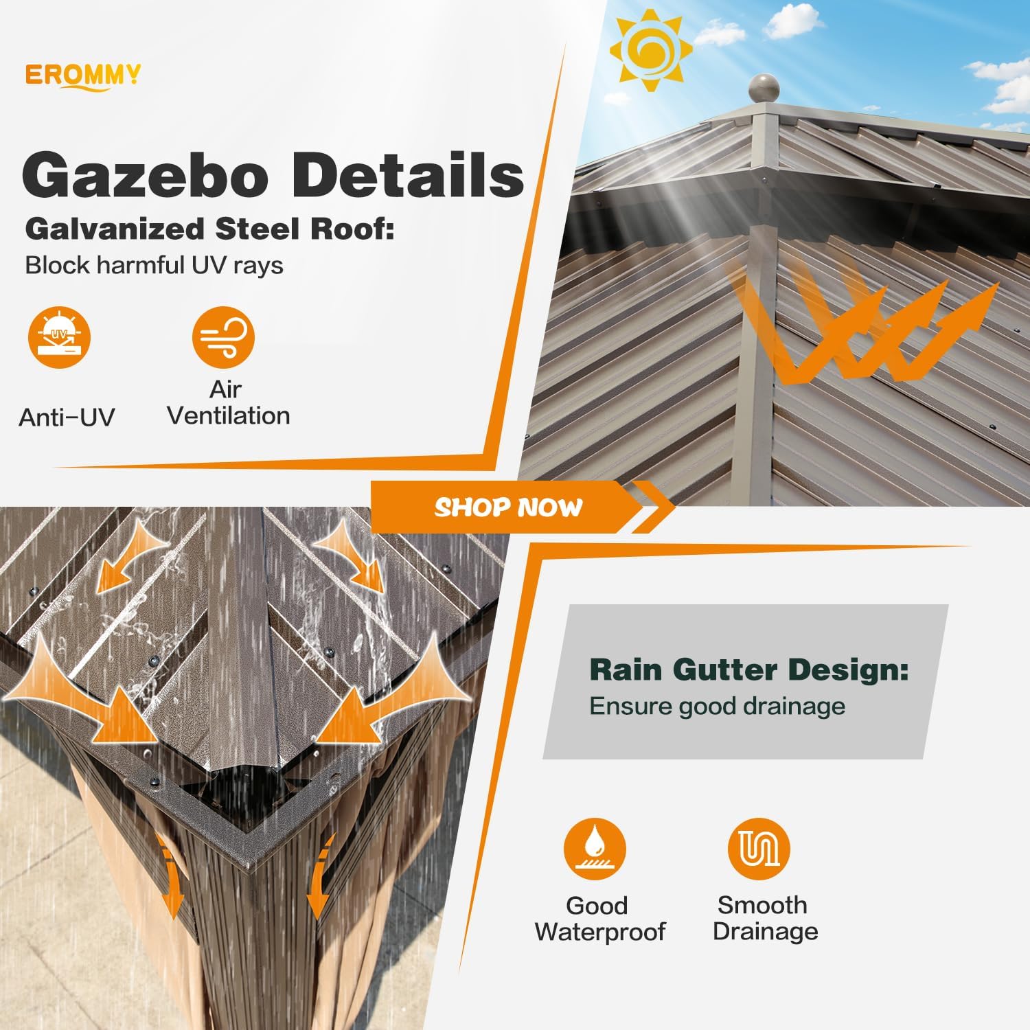 EROMMY 14'x20' Hardtop Gazebo Double Roof Galvanized Steel Canopy Outdoor Aluminum Frame Permanent Metal Pavilion with Netting and Curtains for Patio Backyard Deck and Lawns