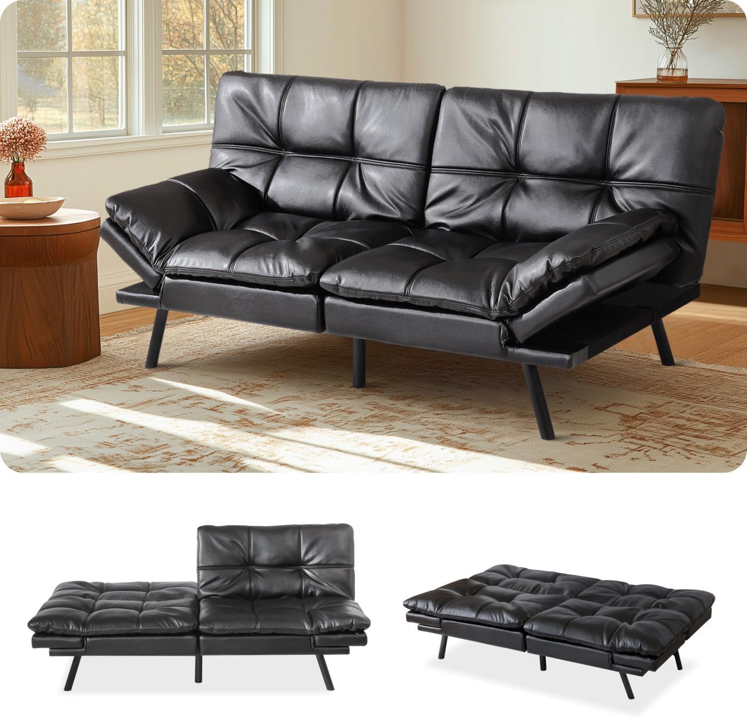 MUUEGM Futon Sofa Bed 71' Convertible Memory Foam Shiny Black Futon Couch Bed Modern Loveseat Sleeper with Adjustable Backrests Armrests for Living Room,Small Space,Office