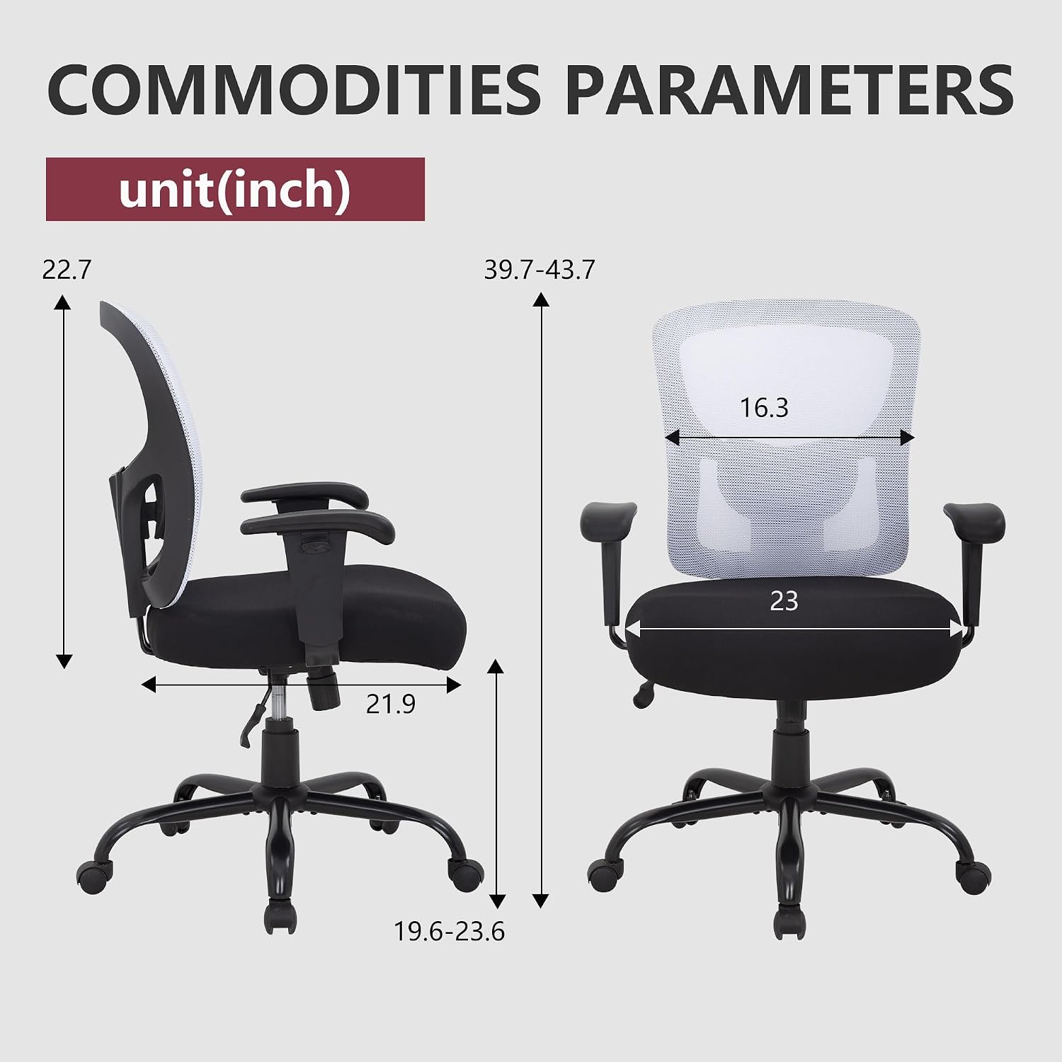 Big and Tall Office Chair 400lbs Desk Chair Mesh Computer Chair with Lumbar Support Wide Seat Adjust Arms Rolling Swivel High Back Task Executive Ergonomic Chair for Home Office (White)