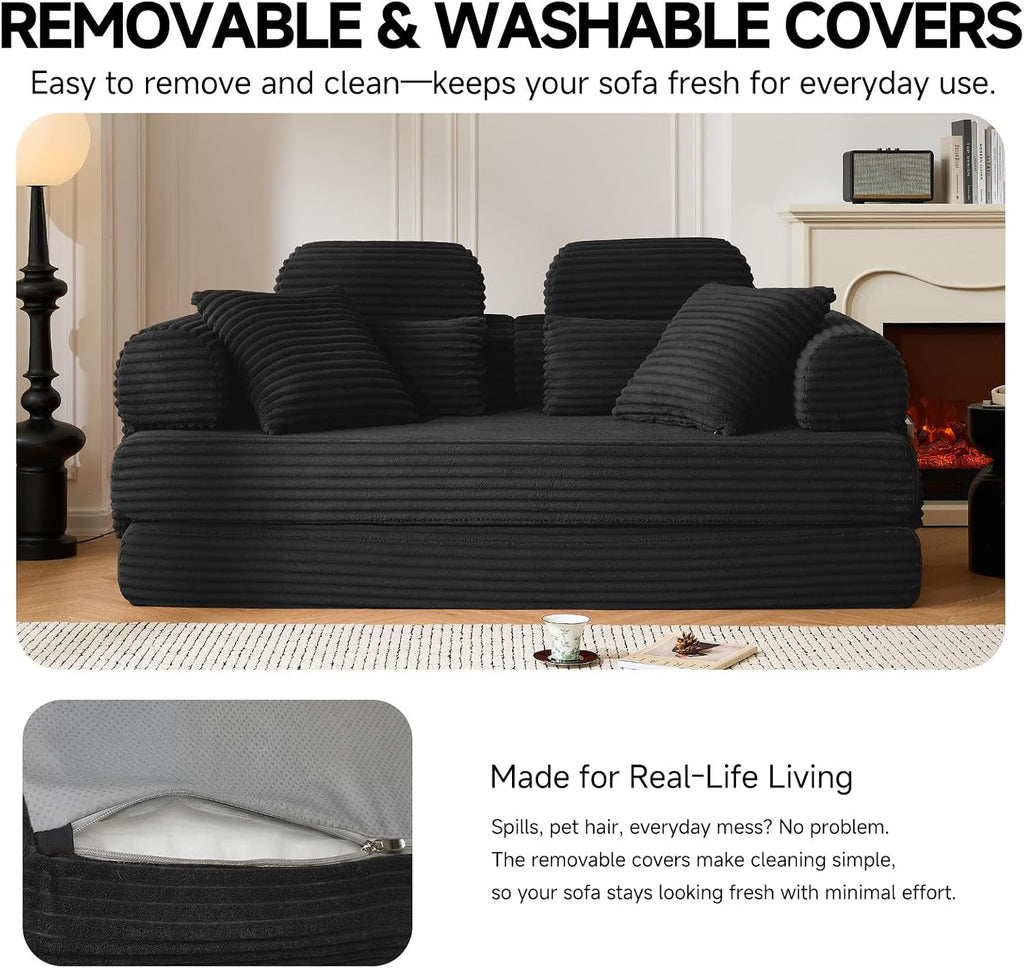79' Sofa Bed, Deep Seat 32' Sleeper Sofa, 5-in-1 Convertible Sofa Bed, Boneless Couch in a Box, Corduroy Floor Futon with Thickened backrest and Headrest Pillows, Side Pockets, Black