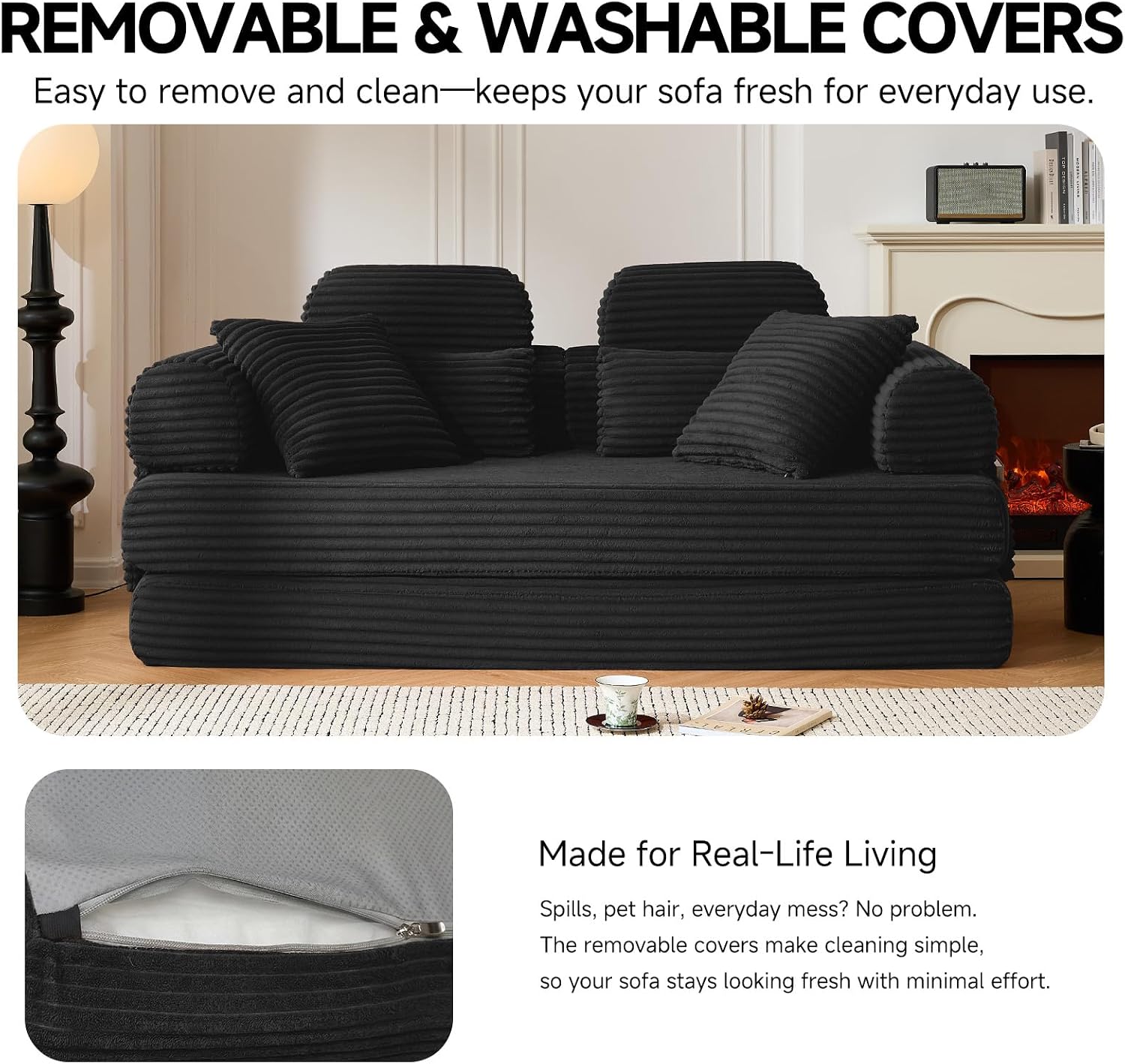 79' Sofa Bed, Deep Seat 32' Sleeper Sofa, 5-in-1 Convertible Sofa Bed, Boneless Couch in a Box, Corduroy Floor Futon with Thickened backrest and Headrest Pillows, Side Pockets, Black