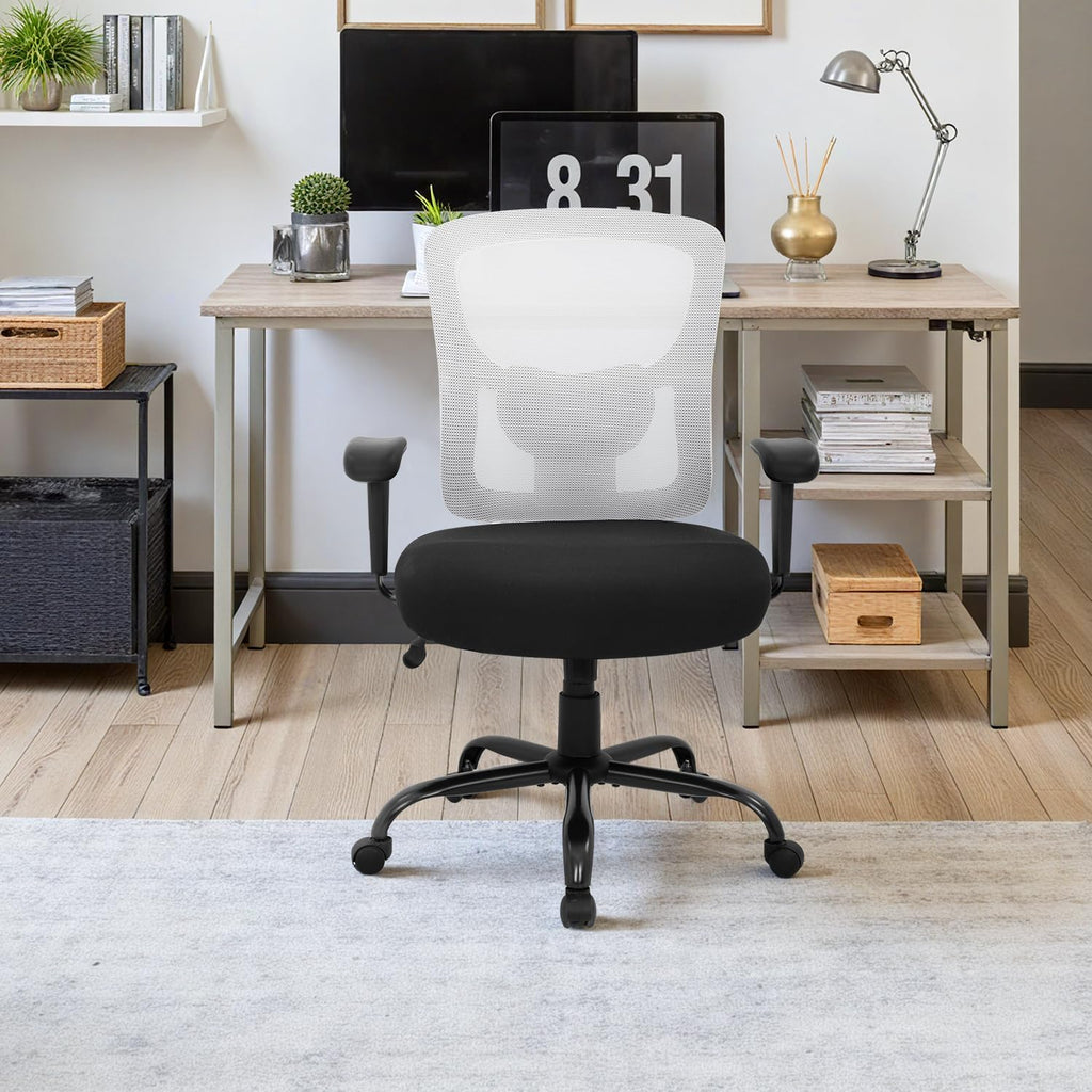 BestOffice Big and Tall Office Chair 400lbs Desk Chair Mesh Computer Chair with Lumbar Support Wide Seat Adjust Arms Rolling Swivel High Back Task Executive Ergonomic Chair for Home Office, White