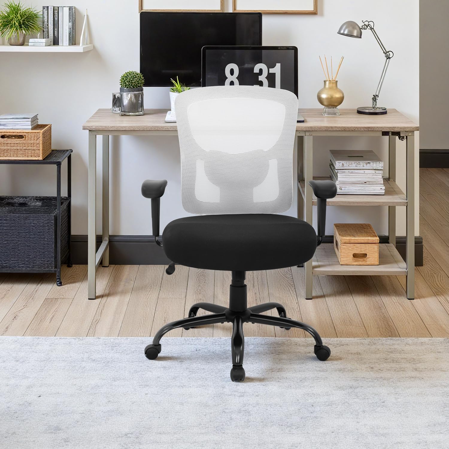 BestOffice Big and Tall Office Chair 400lbs Desk Chair Mesh Computer Chair with Lumbar Support Wide Seat Adjust Arms Rolling Swivel High Back Task Executive Ergonomic Chair for Home Office, White
