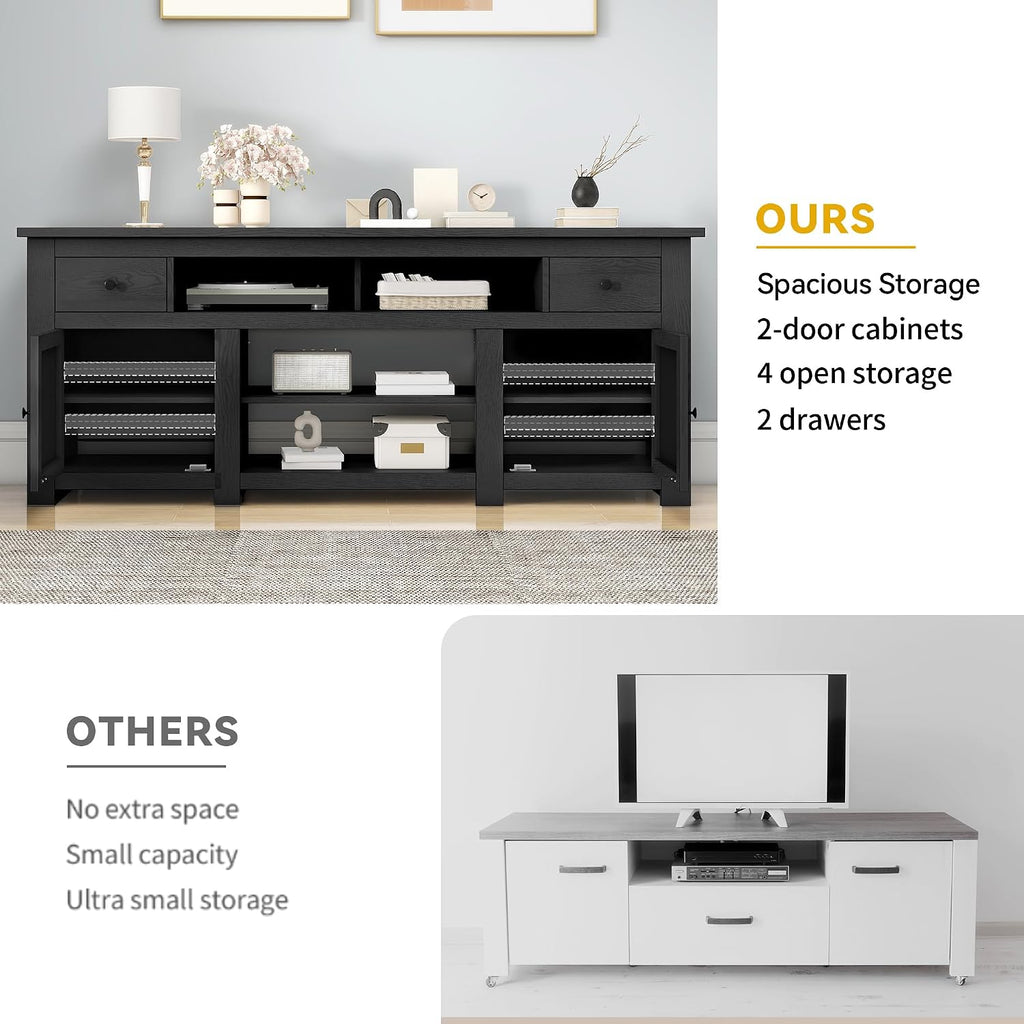 DWVO Farmhouse TV Stand for 75/80 Inches TVs, Entertainment Centers Furniture 30' Tall, TV Consoles with Storage Drawers & Power Outlet, Rustic TV Stands for Living Room, Black