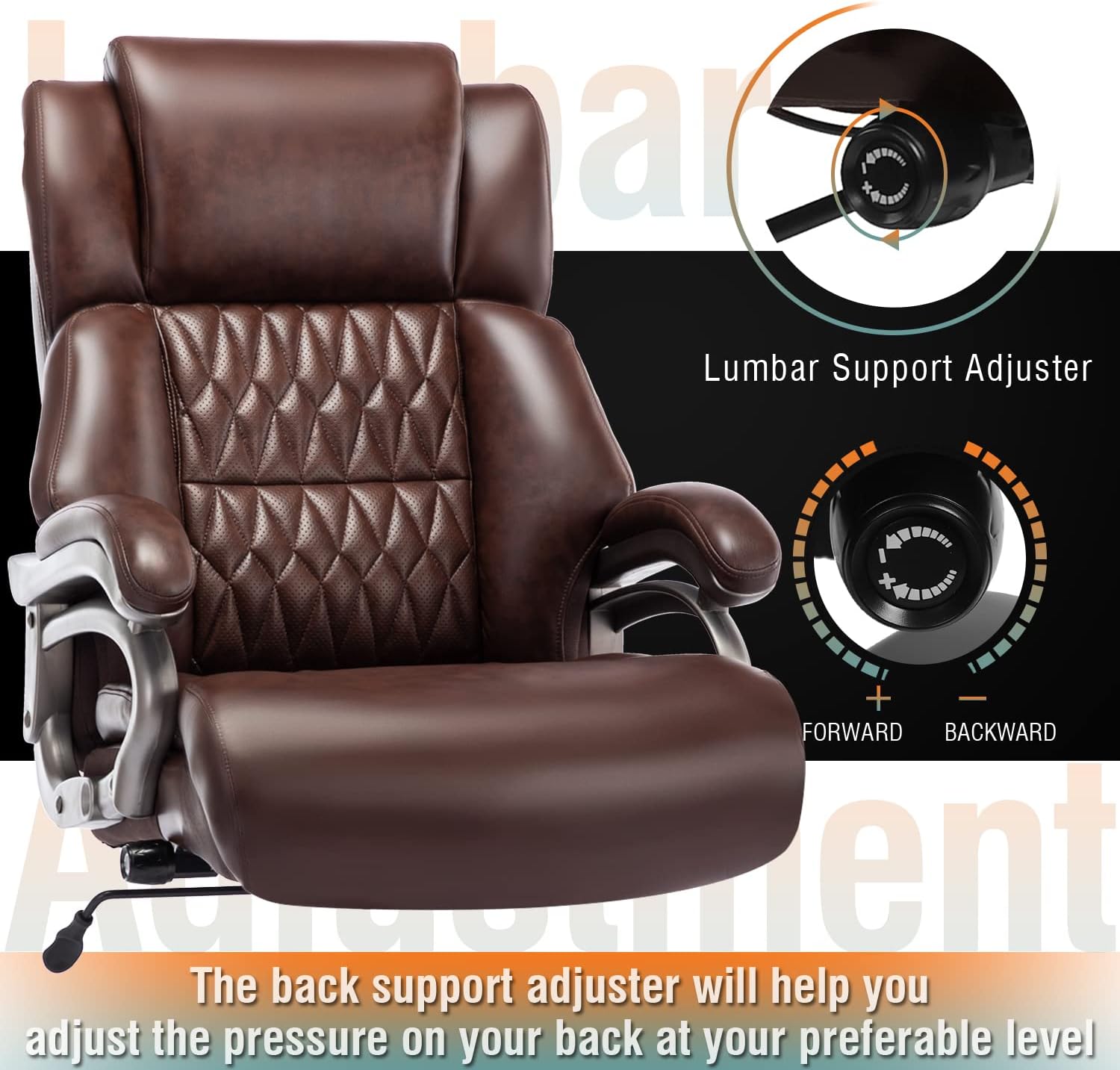 Big and Tall 400lbs Office Chair - Adjustable Lumbar Support Quiet Rubber Wheels Heavy Duty Metal Base, High Back Large Executive Computer Desk, Thick Padded Ergonomic Design for Back Pain