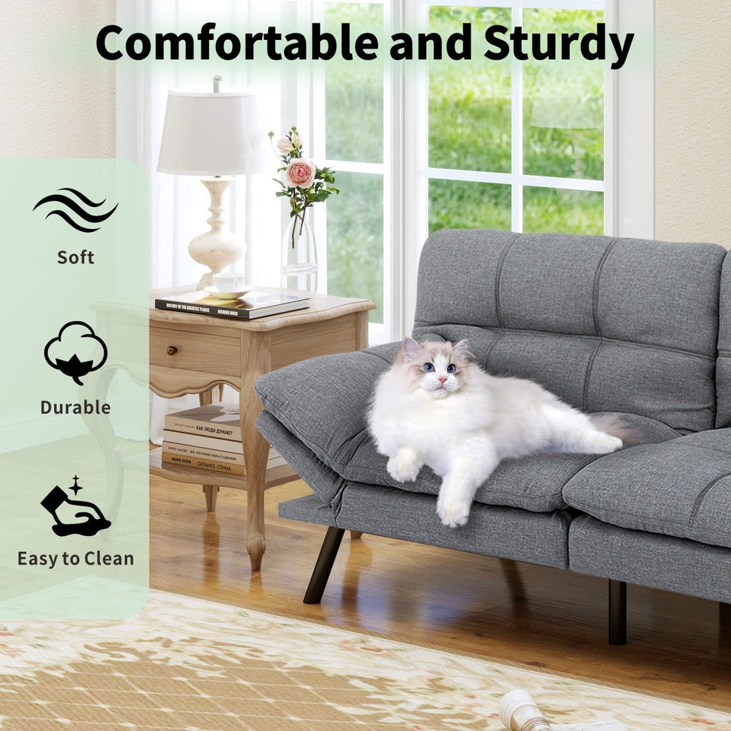 MUUEGM 71' Convertible Futon Sofa Bed, Upholstered Small Futon Couches with Adjustable Backrest, Loveseat Sleeper Bed for Compact Living Room Studio Office (Silver Grey)