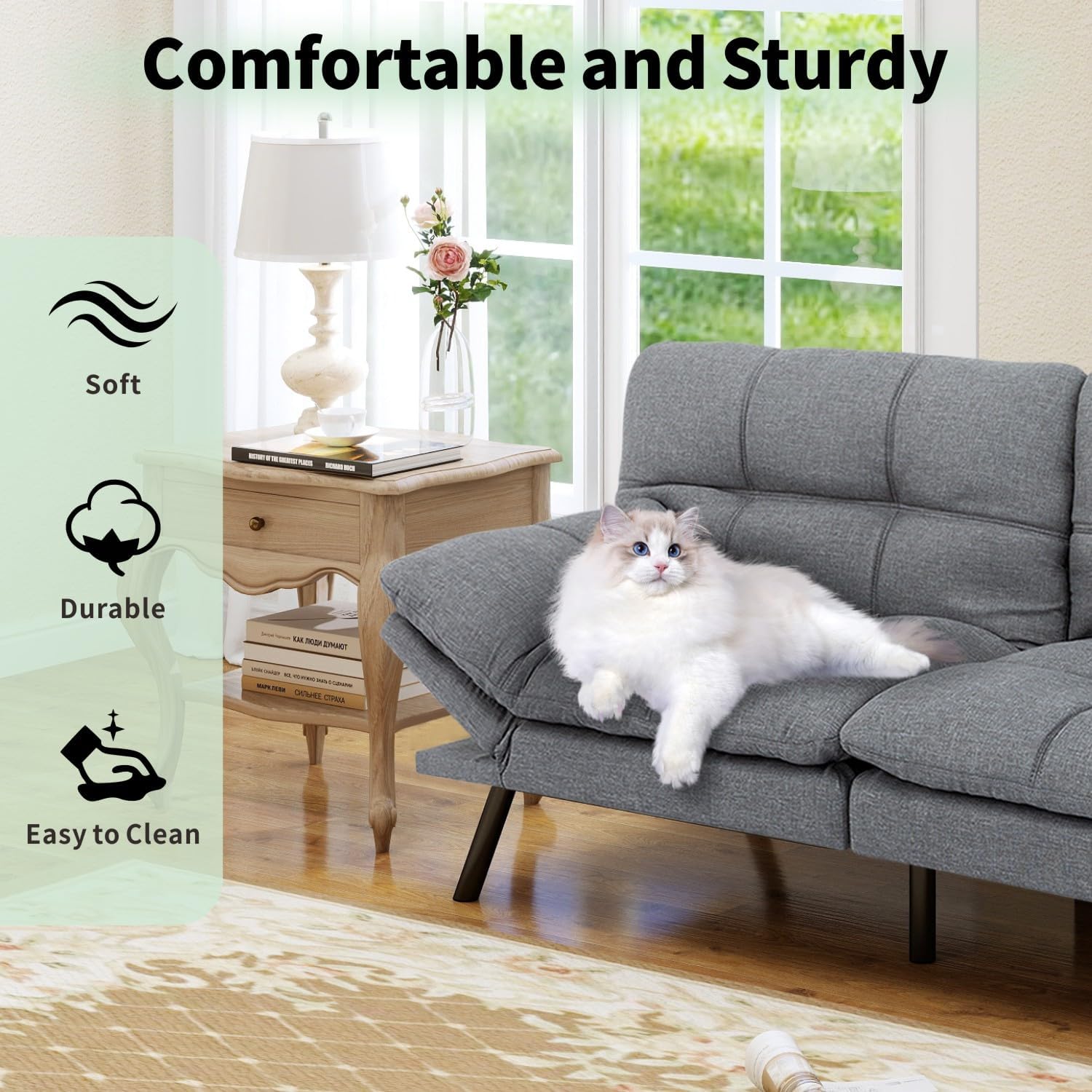 MUUEGM 71' Convertible Futon Sofa Bed, Upholstered Small Futon Couches with Adjustable Backrest, Loveseat Sleeper Bed for Compact Living Room Studio Office (Silver Grey)