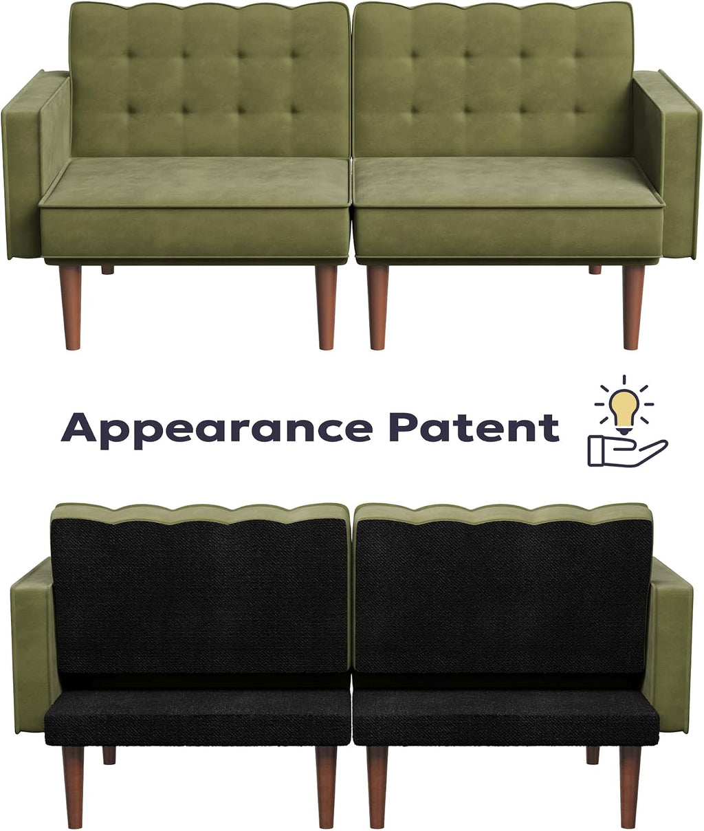 Furnify 71' Velvet Futon Sofa Bed, Versatile Loveseat Couch, Sleeper Sofa with Adjustable Backrest, Mid Century Modern Futon Couch for Small Space, Living Room, Office & Apartment, Velvet Fabric Green