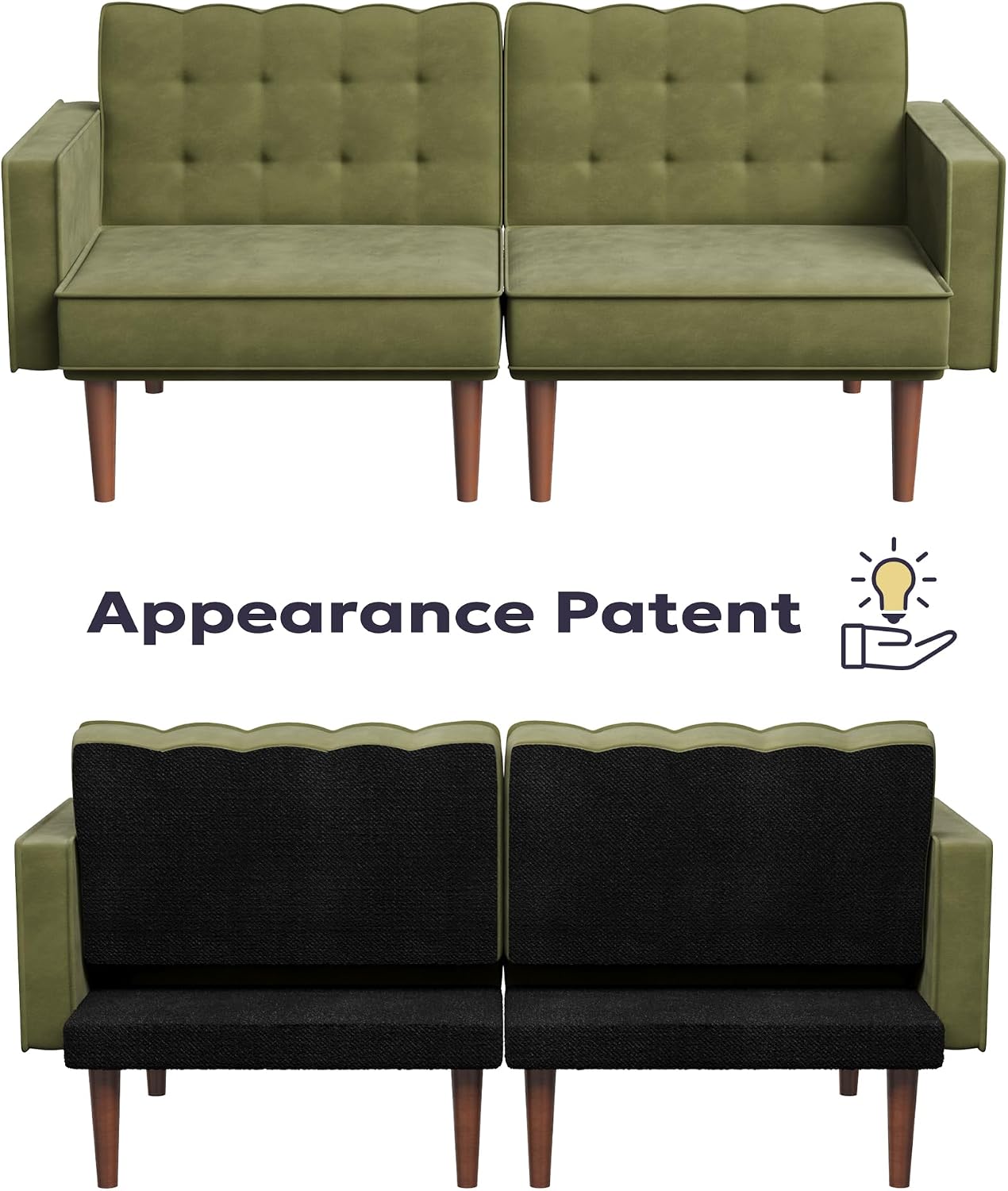 Furnify 71' Velvet Futon Sofa Bed, Versatile Loveseat Couch, Sleeper Sofa with Adjustable Backrest, Mid Century Modern Futon Couch for Small Space, Living Room, Office & Apartment, Velvet Fabric Green
