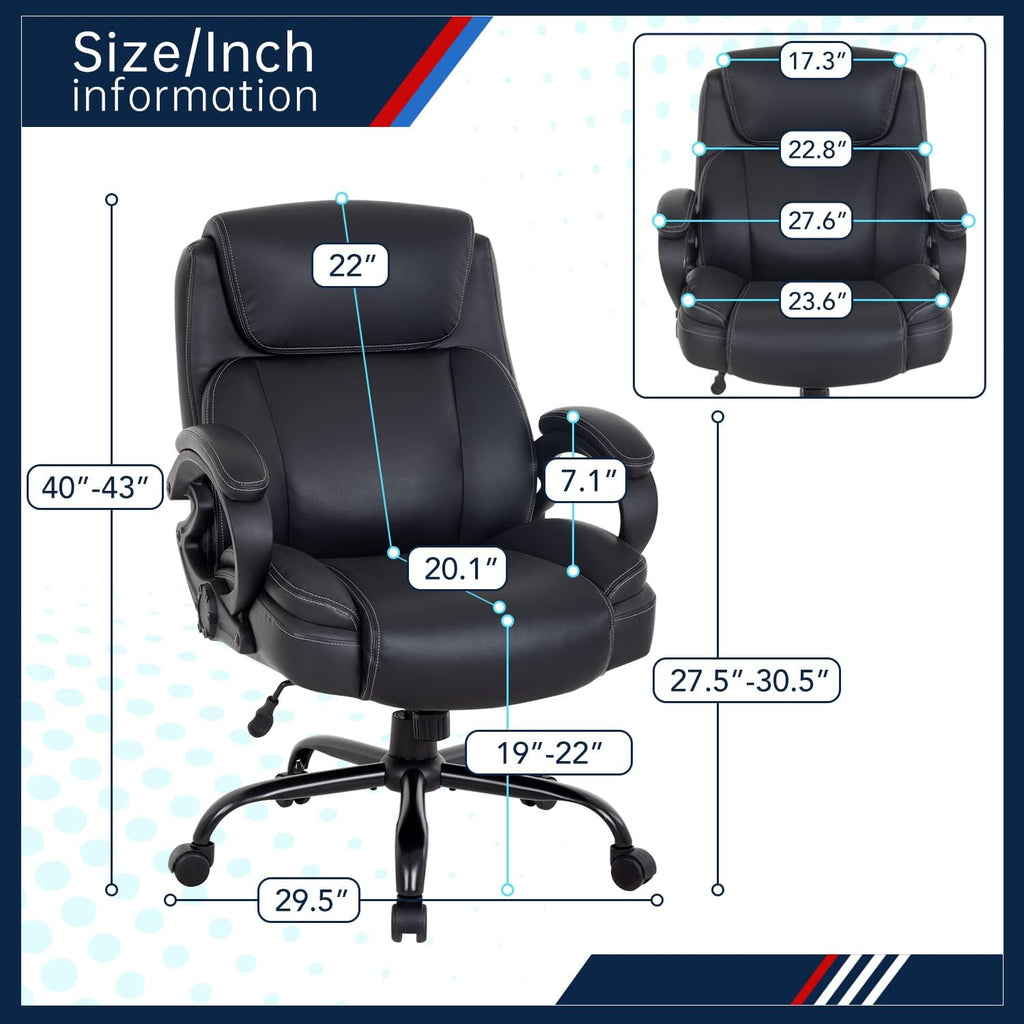 BLKMTY Big and Tall Office Chair for Heavy People 400 lbs Computer Chair PU Leather Adjustable Height Chair Executive Swivel Task Chairs with Armrests and Lumbar Support for Women, Black
