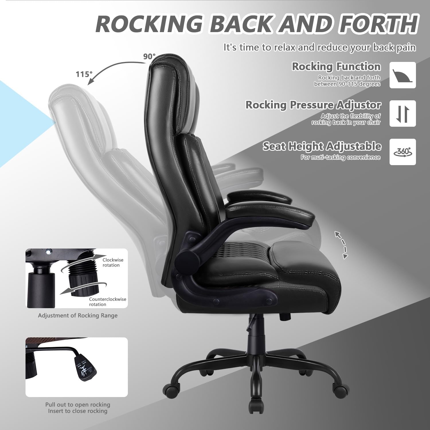 OFIKA Executive Office Chair Heavy Duty Office Chair Padded Flip Up Armrest, Computer Gaming Chair PU Leather Desk Chair, High Back Big and Tall Office Chair with Lumbar Support (Black)