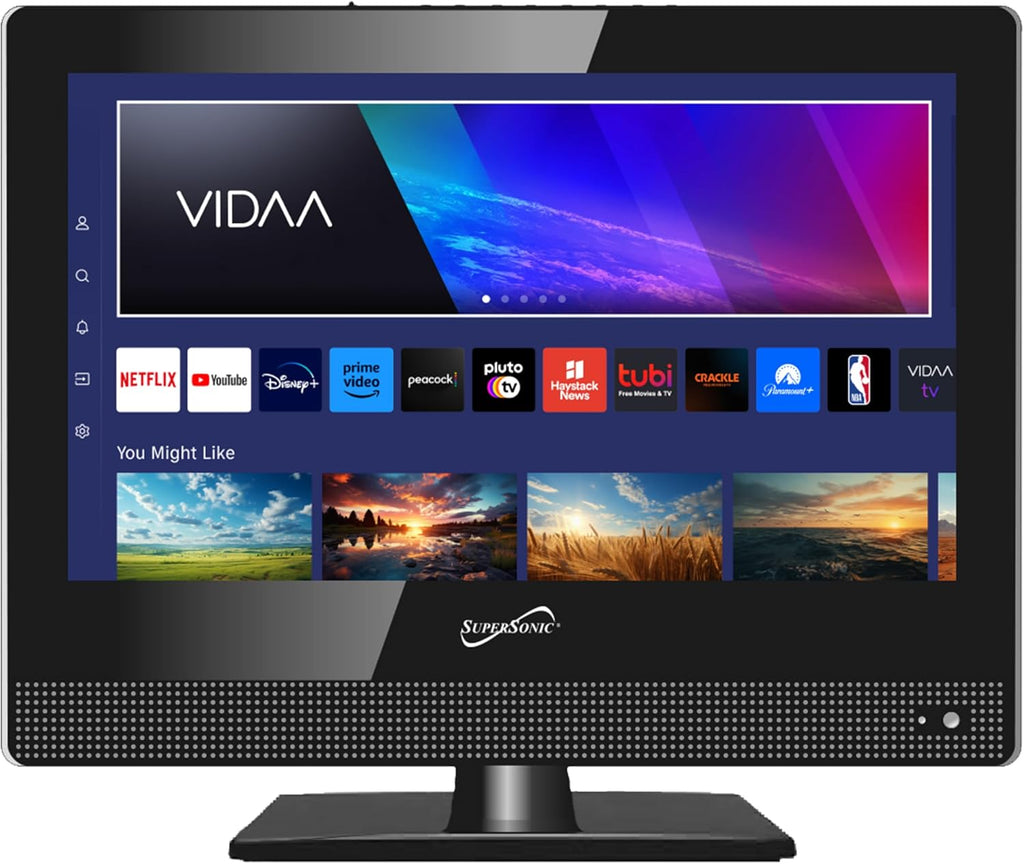 Supersonic SC-1520VTV 15.6 inch Smart AC/DC LED TV, Powered by VIDAA, 1080p, WiFi, Built-in Speakers, USB, 3X HDMI ARC, For Kitchen, RV, Boat, Truck, Playroom, Room, Remote, DC Car Cord INCLUDED-Black
