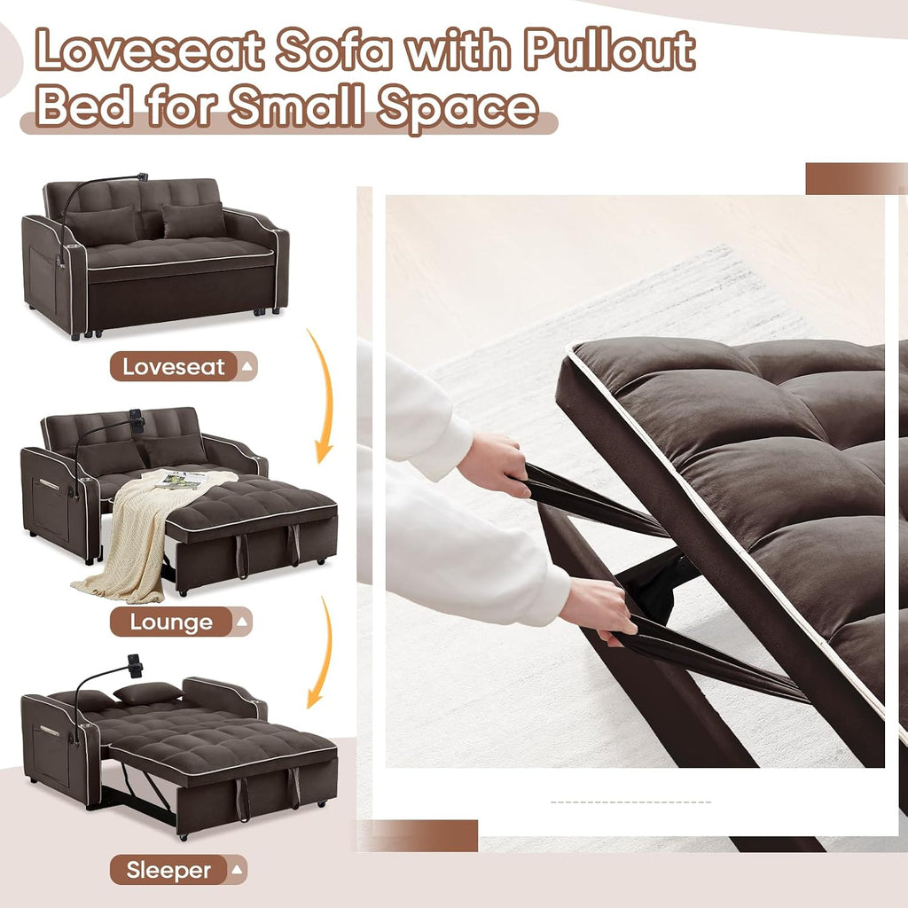 Antetek Sleeper Sofa Couch Bed with USB & Type C Port, Modern 3-in-1 Convertible Velvet Pull Out Loveseat Futon Sofa w/Phone Holder/Cup Holder for Living Room Apartment, Adjustable Backrest, Coffee
