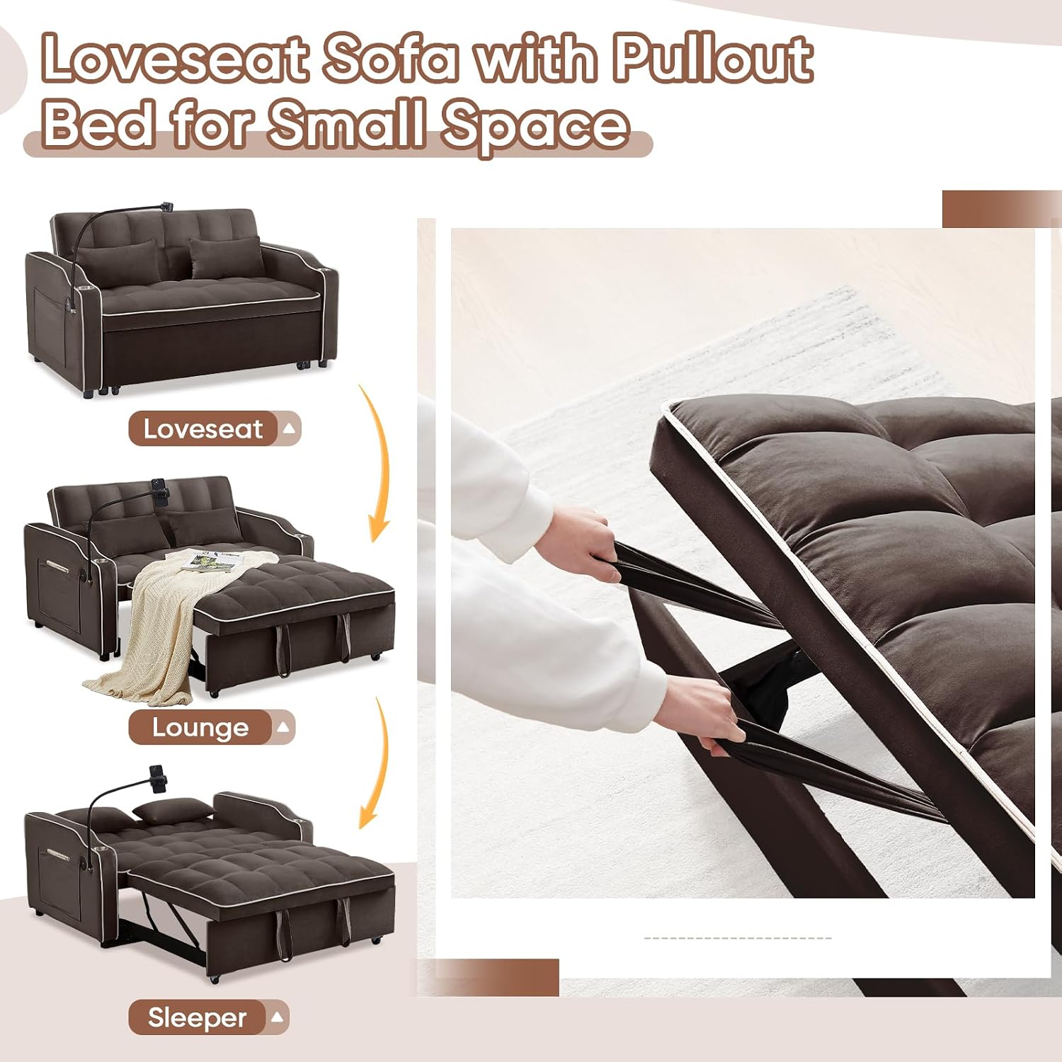 Antetek Sleeper Sofa Couch Bed with USB & Type C Port, Modern 3-in-1 Convertible Velvet Pull Out Loveseat Futon Sofa w/Phone Holder/Cup Holder for Living Room Apartment, Adjustable Backrest, Coffee
