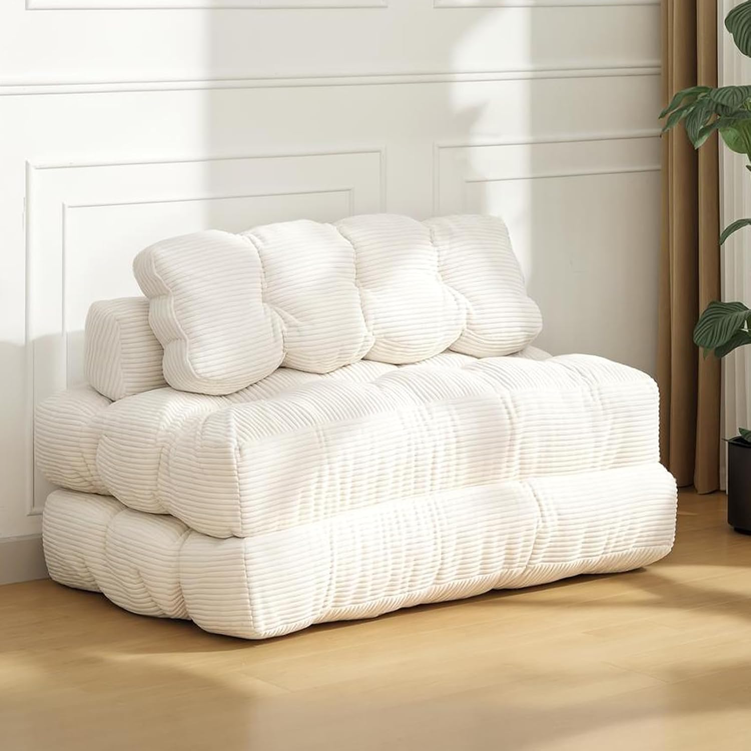 Folding Sofa Bed, 3-in-1 Convertible Sleeper Chair with Pillow, Double Futon Couch Bed with Back Support, Portable Fold Out Chair Bed Comfy Floor Sofa Lounge for Living Room Bedroom, Beige