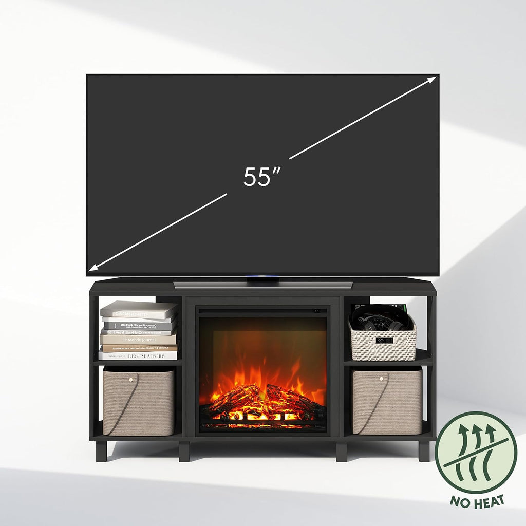 Furinno Jensen Fireplace TV Stand, NO Heat Decorative Electric Fireplace Corner TV Stand for TV up to 55 Inch, with 4 Open Shelves, for Living Room, Americano