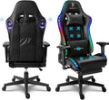 Gaming Chair with Footrest Computer Chairs for Adults PU Gamer Chair with Speakers and RGB Lights Full Massage Desk Chair Swivel Office Chair with Headrest 4D Armrest and Lumbar Support,Black