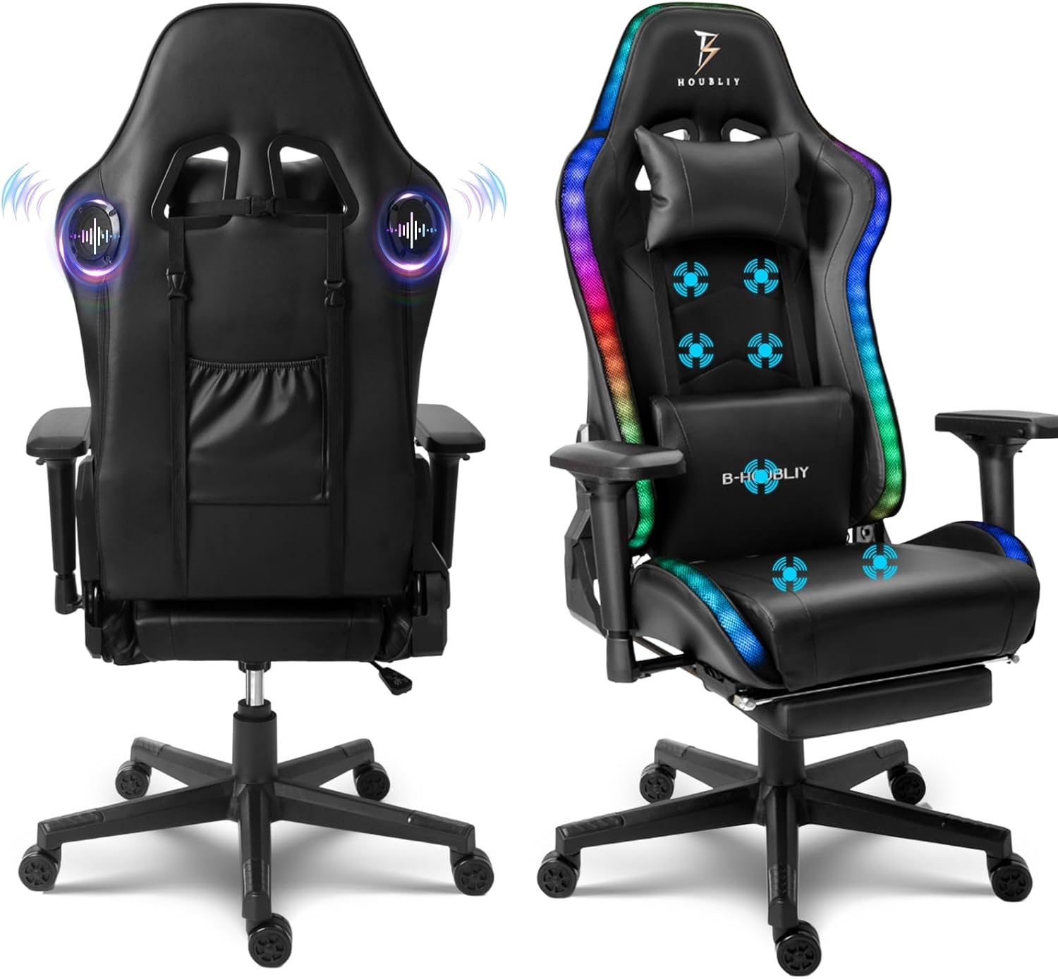 Gaming Chair with Footrest Computer Chairs for Adults PU Gamer Chair with Speakers and RGB Lights Full Massage Desk Chair Swivel Office Chair with Headrest 4D Armrest and Lumbar Support,Black