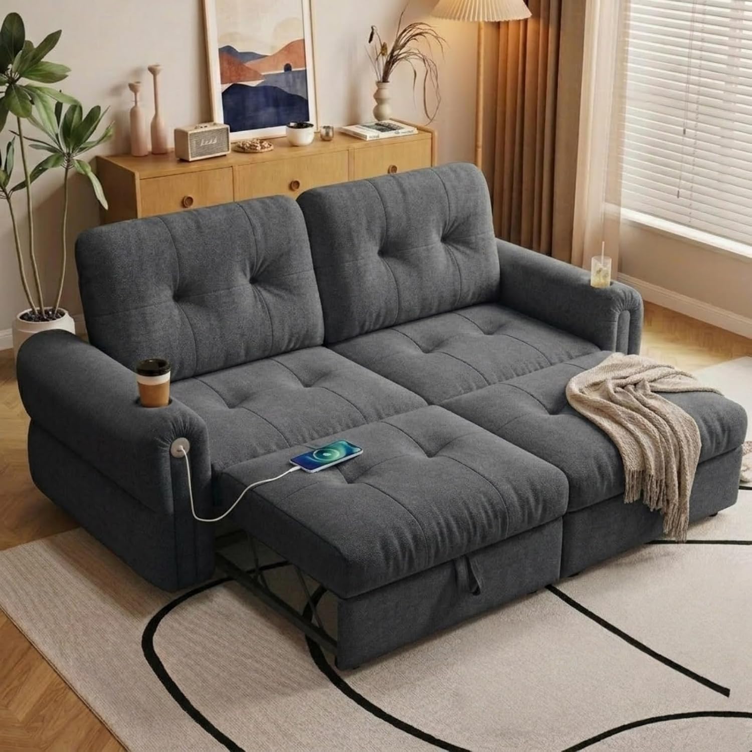 Convertible Couches, Queen Size Pull Out Sofa Bed with USB Charging Port and Cup Holders, Chenille Fabric Convertible Sofa Bed for Small Space, Living Room, Apartment, Guest Room, Dark Grey
