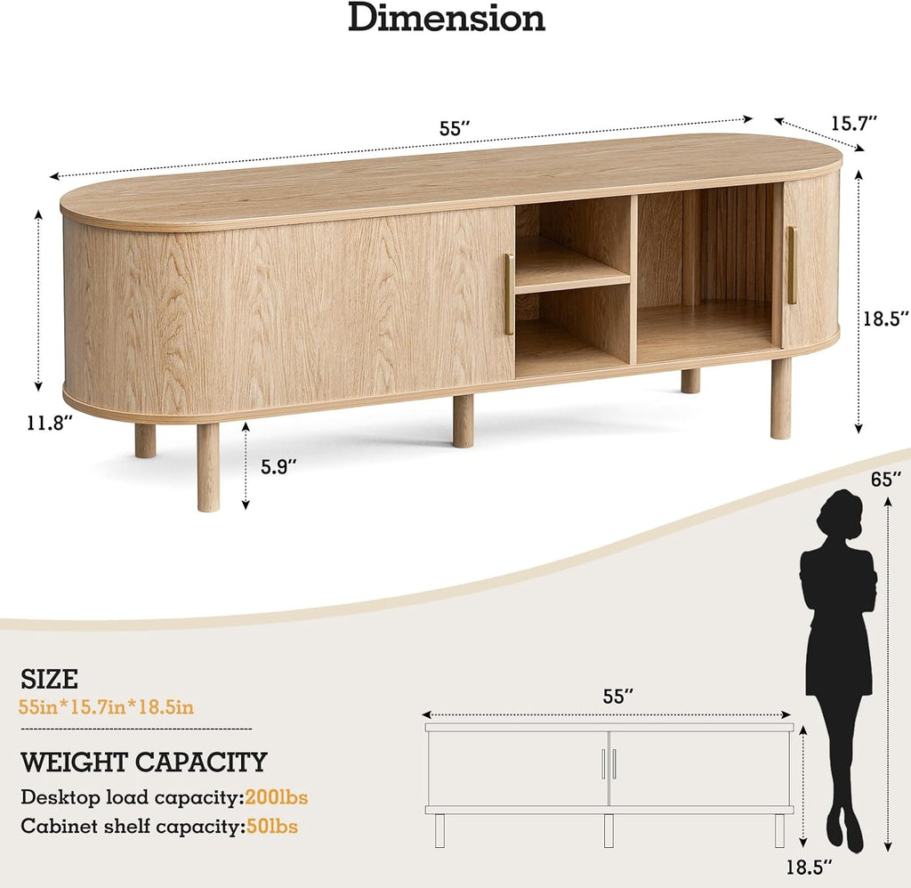 ZttRiee TV Stand for TVs up to 60 Inch, Entertainment Center with Sliding Doors and Adjustable Shelf, Modern TV Console with Storage for Living Room, Bedroom, Natural
