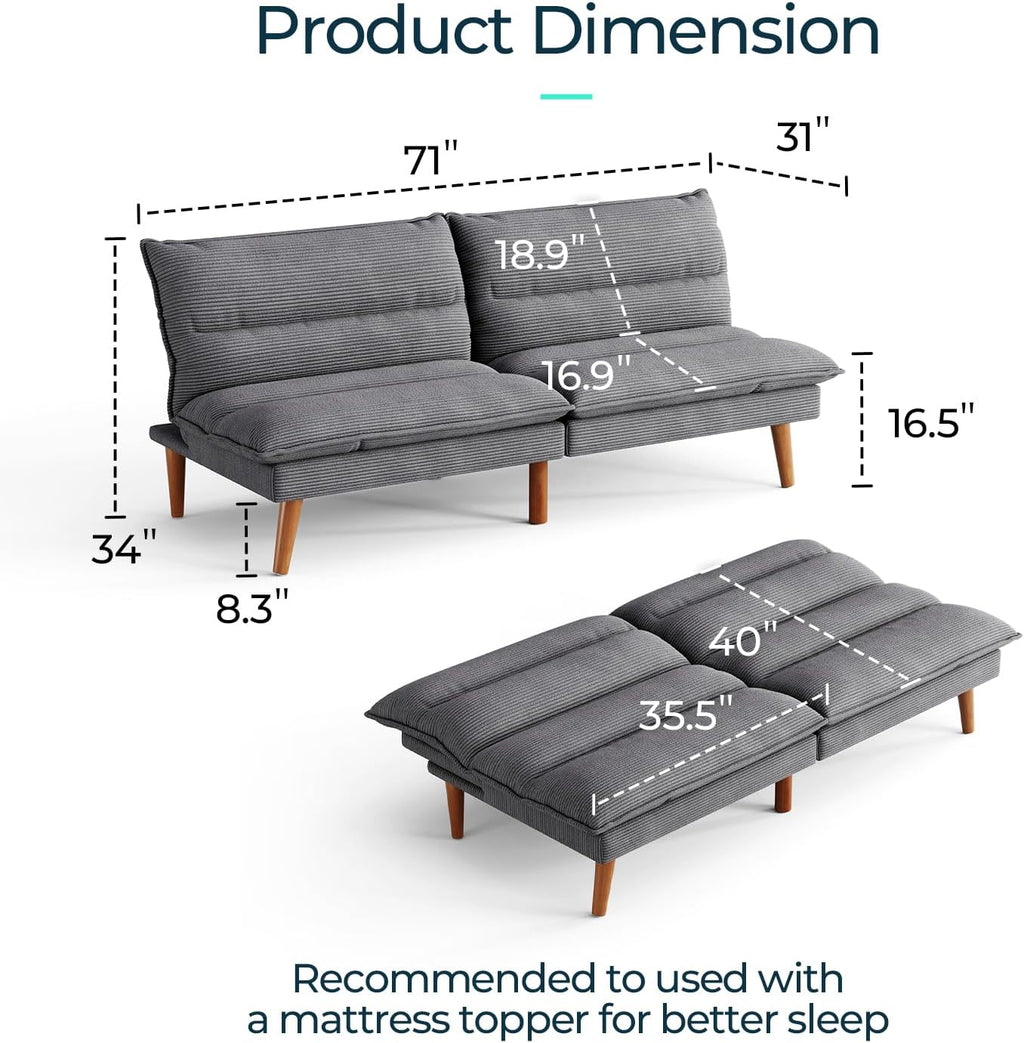 LINSY Futon Sofa Bed Couch Corduroy Futon with Adjustable Backrest Comfy Loveseat Convertible Folding Sleeper Sofa Couches for Small Spaces Living Room Apartment Office (Dark Grey)