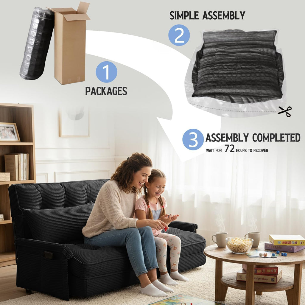 Convertible Futon Sofa Bed with Adjustable Backrest Pillows,Folding Loveseat Sleeper Sofa,Corduroy Pull Out Couches with Side Pocket for Living Room Bedroom Lounge（Charcoal）