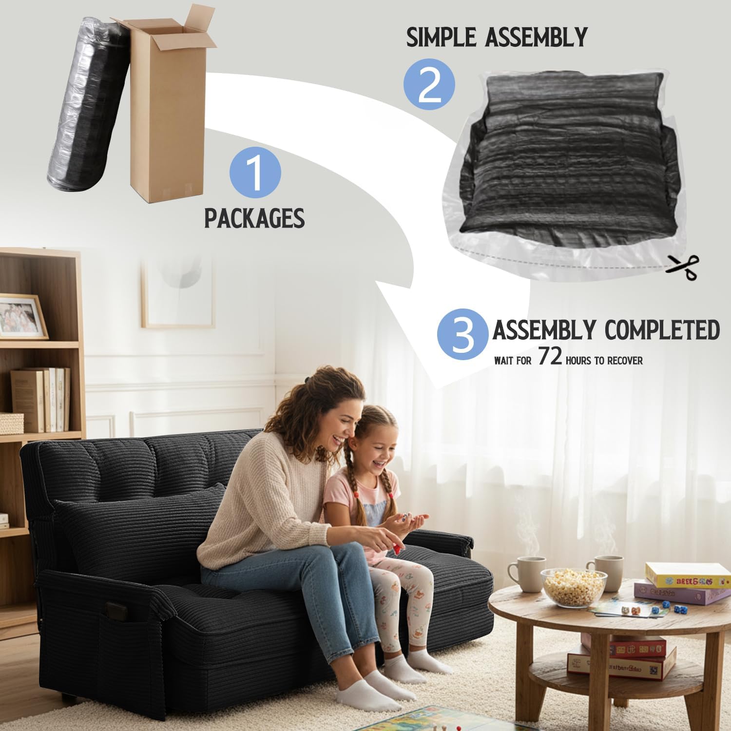 Convertible Futon Sofa Bed with Adjustable Backrest Pillows,Folding Loveseat Sleeper Sofa,Corduroy Pull Out Couches with Side Pocket for Living Room Bedroom Lounge（Charcoal）
