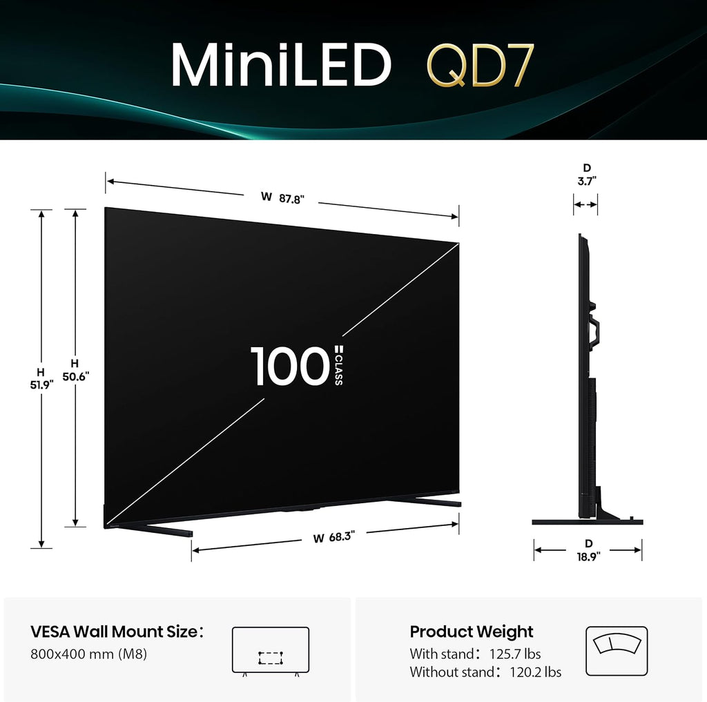 Hisense 100' Class QD7 Series Mini-LED 4K UHD Smart Fire TV (100QD7QF, 2025 Model) - QLED, 144hz, HDR10+, Dolby Vision, Dolby Atmos, Game Mode Pro, ALLM, Alexa Built in with Voice Remote, Black