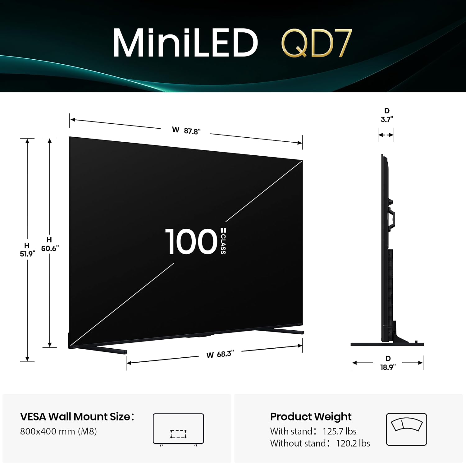 Hisense 100' Class QD7 Series Mini-LED 4K UHD Smart Fire TV (100QD7QF, 2025 Model) - QLED, 144hz, HDR10+, Dolby Vision, Dolby Atmos, Game Mode Pro, ALLM, Alexa Built in with Voice Remote, Black
