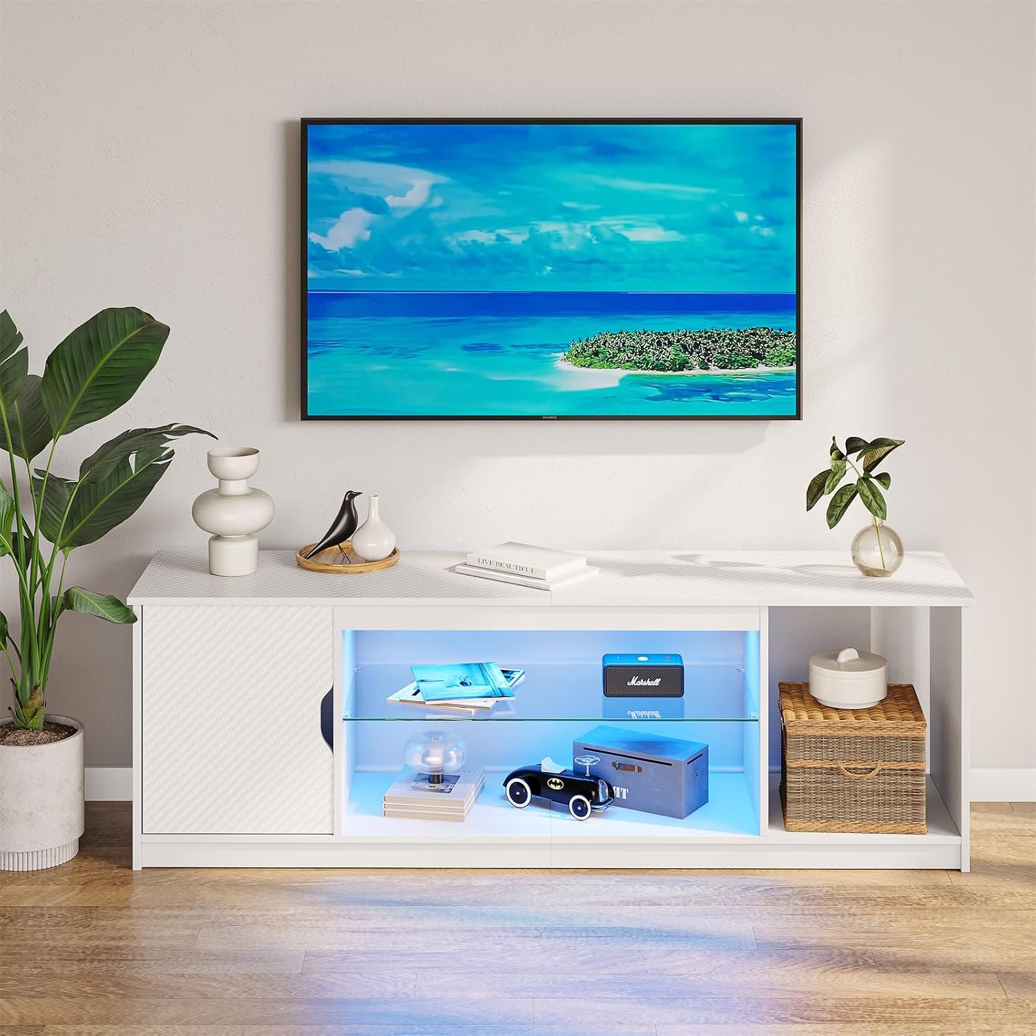 Bestier Gaming LED TV Stand for 65 Inch TV, Entertainment Center with Cabinet for PS5 Xbox, Modern TV Console for Living Room Bedroom, Adjustable Glass Shelves, Carbon Fiber White