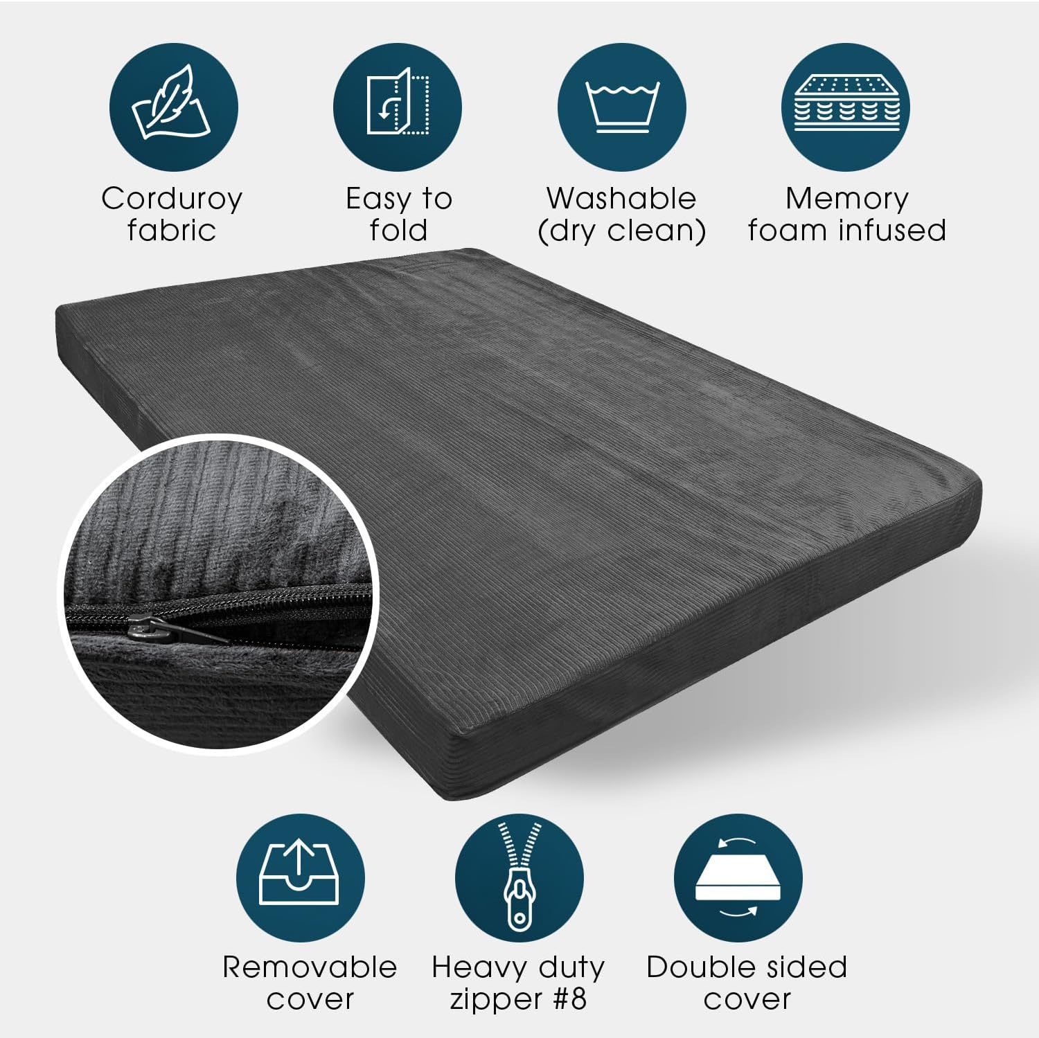 Foamma Memory Foam Futon Mattress, Double-Sided Foldout Couch Futon Mattress, 6' x 54' x 80' Full XL (Charcoal), Corduroy Fabric - Heavy Duty Sofa Bed, Thick Corded Cushion (Frame NOT Included)