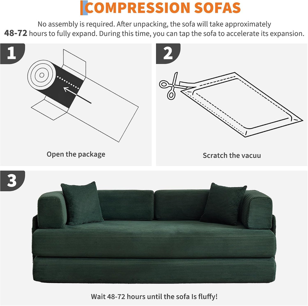Garvee 5-in-1 Convertible Sofa Bed, 78.8' Modular Corduroy Sleeper with Sturdy Frame & No Assembly, Multi-Functional Futon for Small Space, Living Room & Guest Room (Green) (Dark Green)
