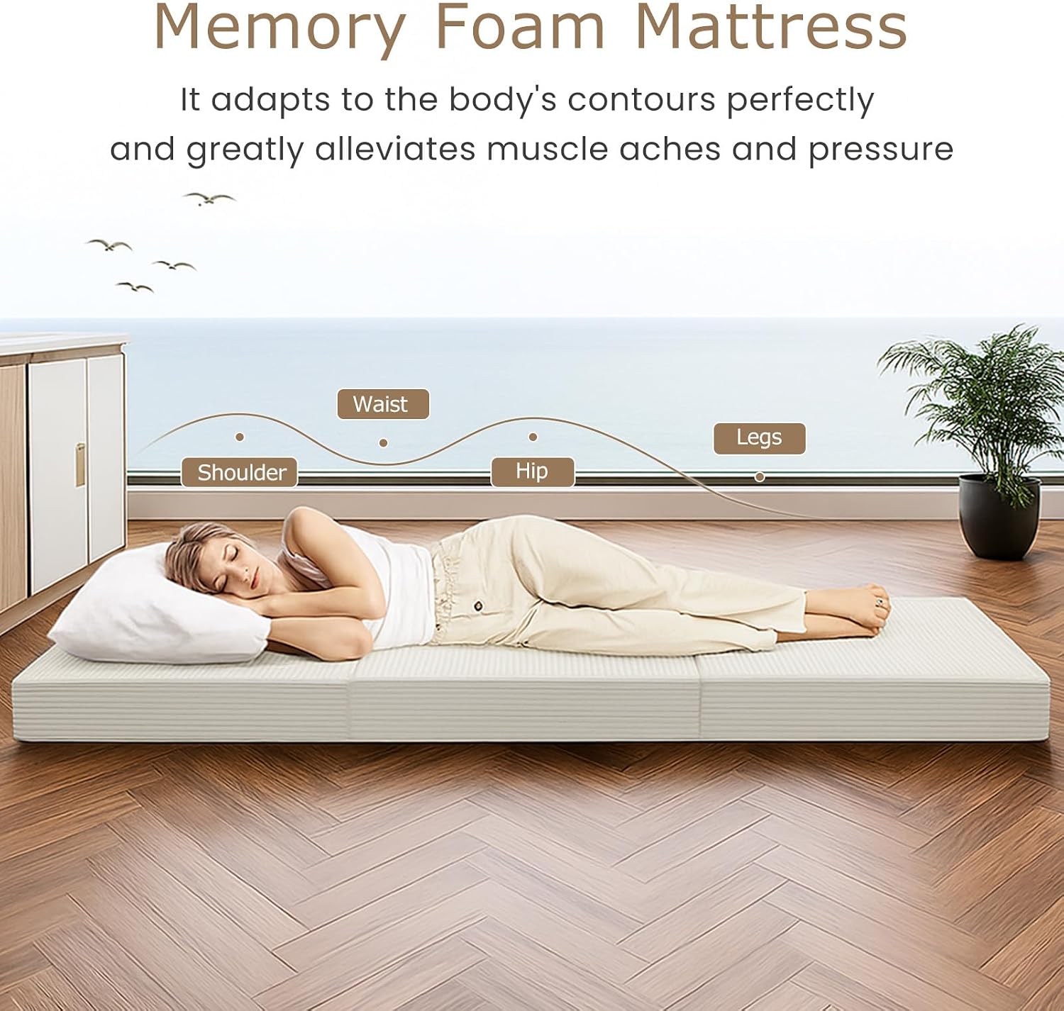6-Inch Tri-Folding Mattress Full Size - Foldable Futon Sofa Bed with Removable Washable Cover, Folding Futon Mattress | Non-Slip Bottom & Carry Handles for Guest, Camping, Dorm