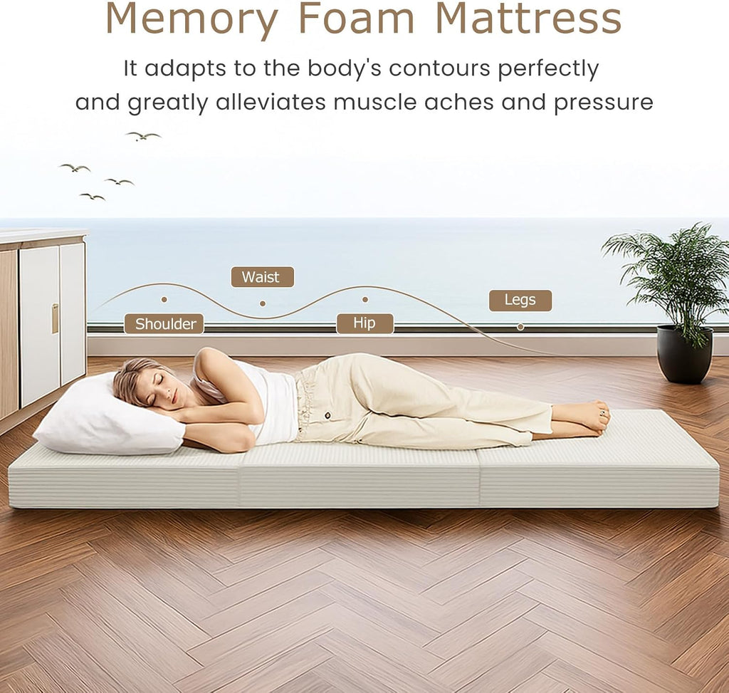 6-Inch Tri-Folding Mattress Queen Size - Foldable Futon Sofa Bed with Removable Washable Cover, Folding Futon Mattress | Non-Slip Bottom & Carry Handles for Guest, Camping, Dorm
