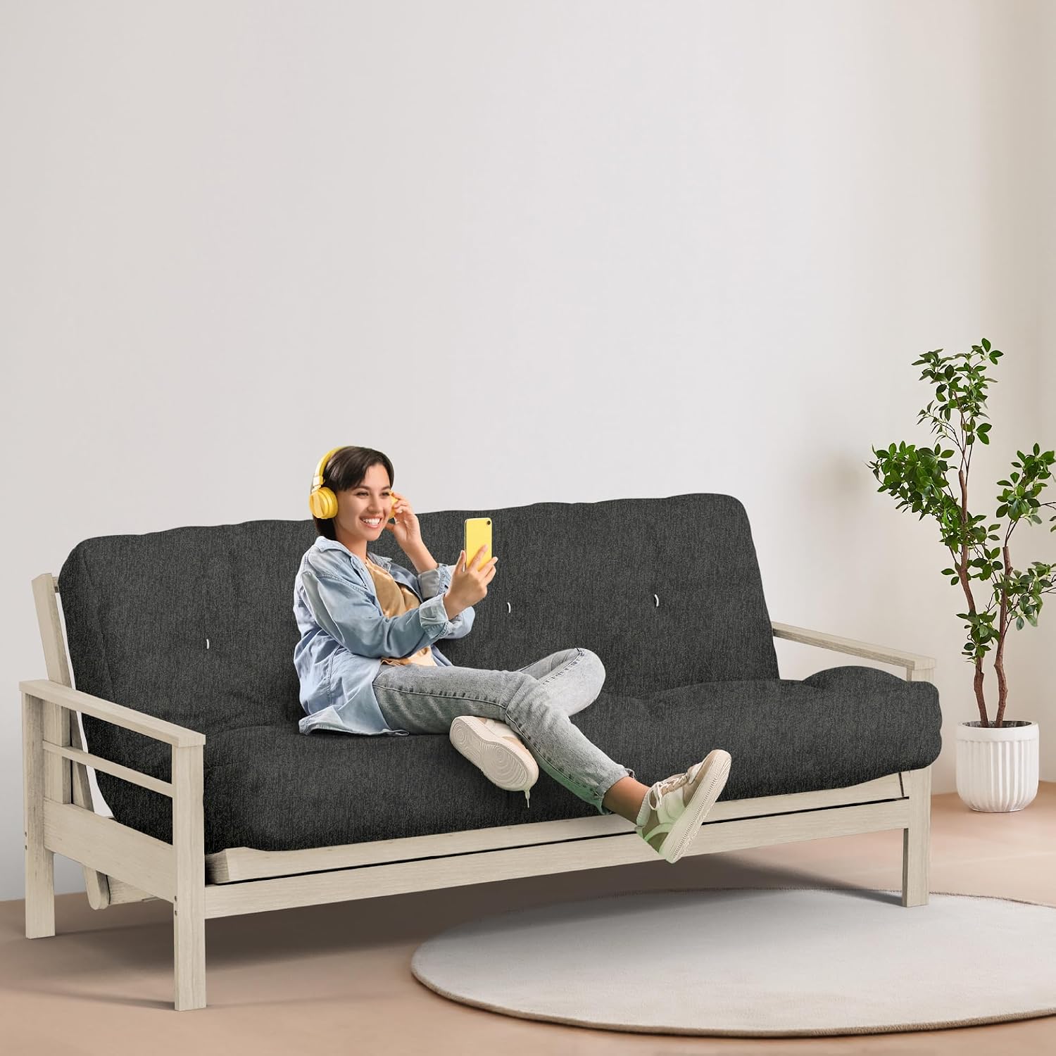 Loosh Home | 10' Twin Size Futon Sofa Bed Pocket Coil Foam Mattress - USA Made, Charcoal Velvet Chenille, Frame Not Included