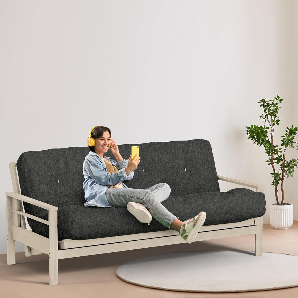 Loosh Home | 10' Full Size Futon Sofa Bed Pocket Coil Foam Mattress - USA Made, Charcoal Velvet Chenille, Frame Not Included