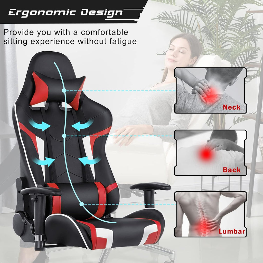 GORELAX Massage Gaming Chair, Reclining Game Room Computer Chairs for Adults w/Lumbar Support, Adjustable Arms, Wheels, Racing Style Home Office Chair for Heavy People (Red)