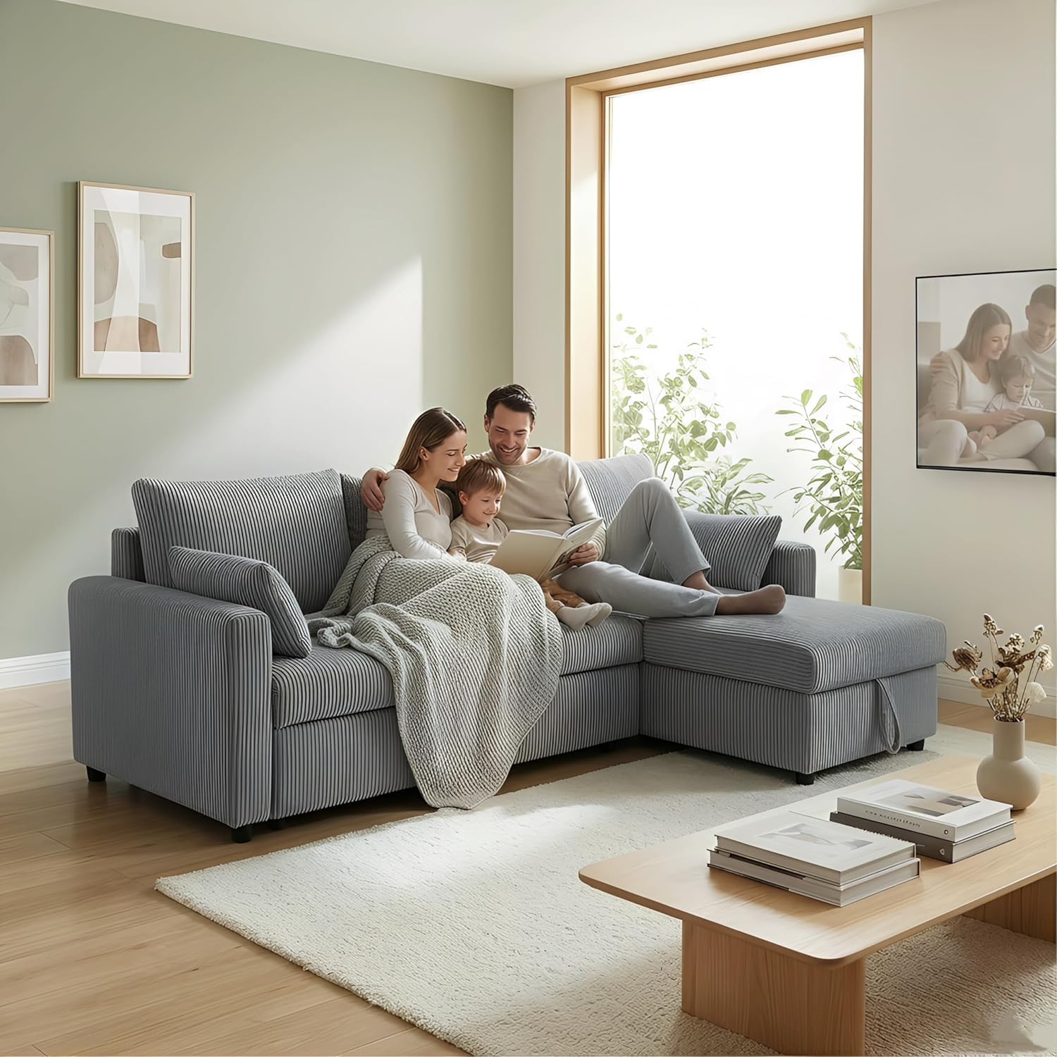 Queen Sleeper Sofa, Convertible Sofa Bed with Storage, 85 Inch Sectional Couch with Pull Out Bed, L Shaped 3 Seat Sectional Sleeper Sofa for Living Room, Apartment, Grey