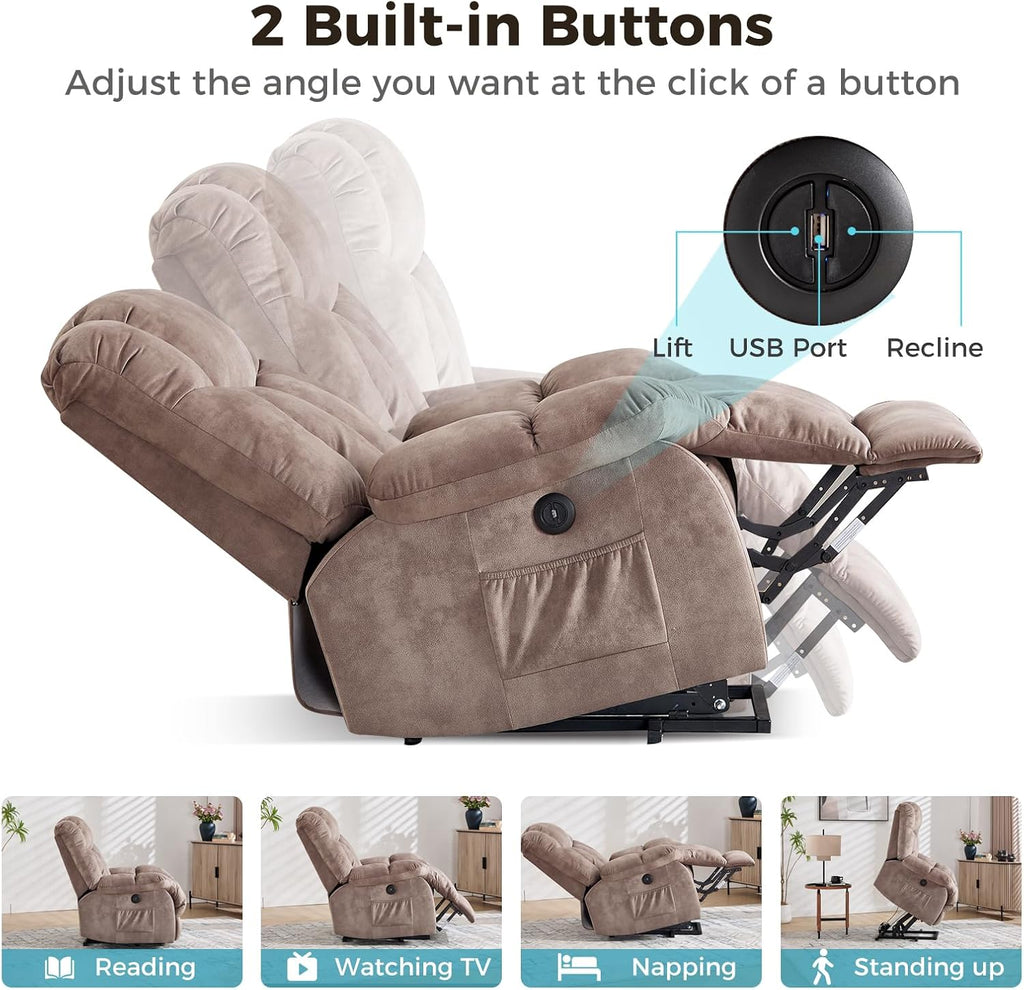 CANMOV Power Lift Recliner Chair for Elderly, Heavy Duty and Safety Motion Reclining Mechanism-Antiskid Fabric Sofa Living Room Chair with Overstuffed Design, Light Tan