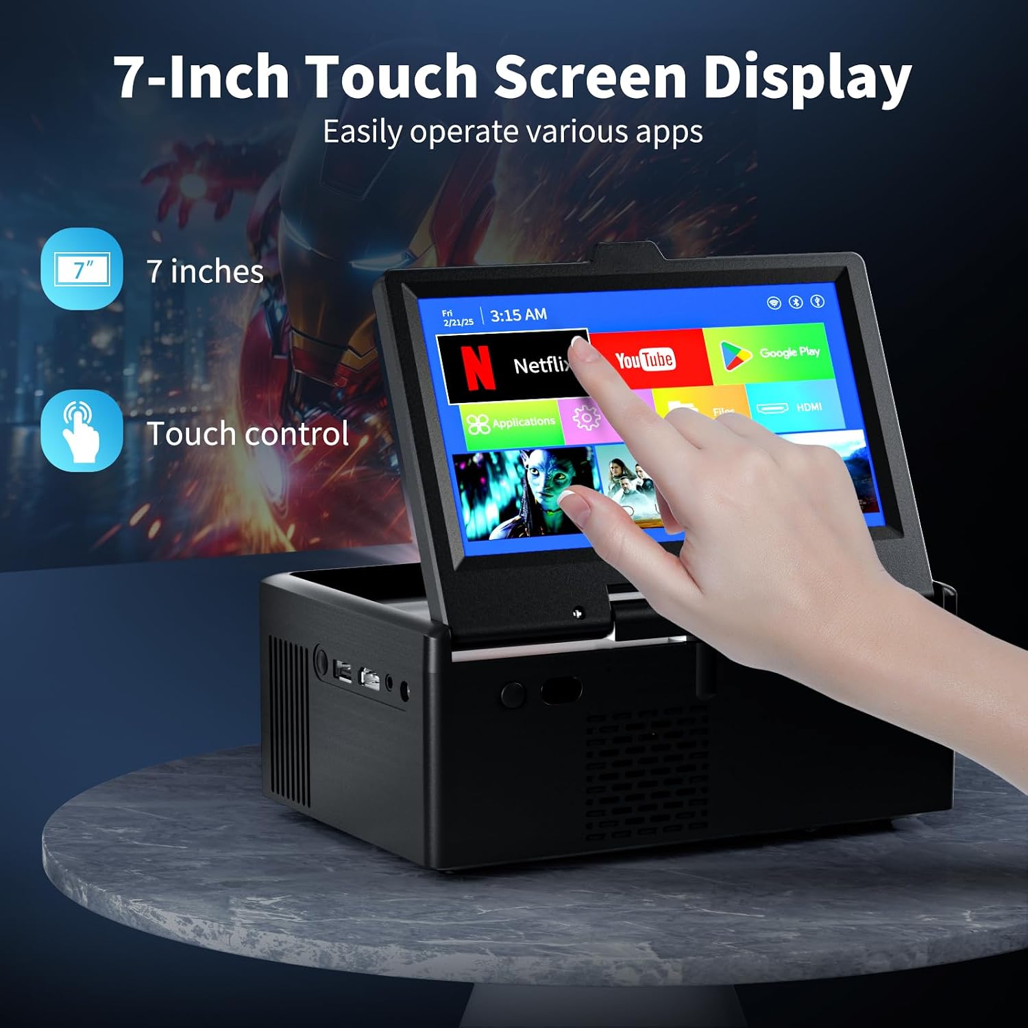 Small Smart TV，Mini TV with 7-inch Touchscreen,Built in Apps,Support SD,WiFi,Bluetooth,USB,HDMI Input，Kitchen TV Also As a Projector,Suitable for Home RVs and Outdoor Use
