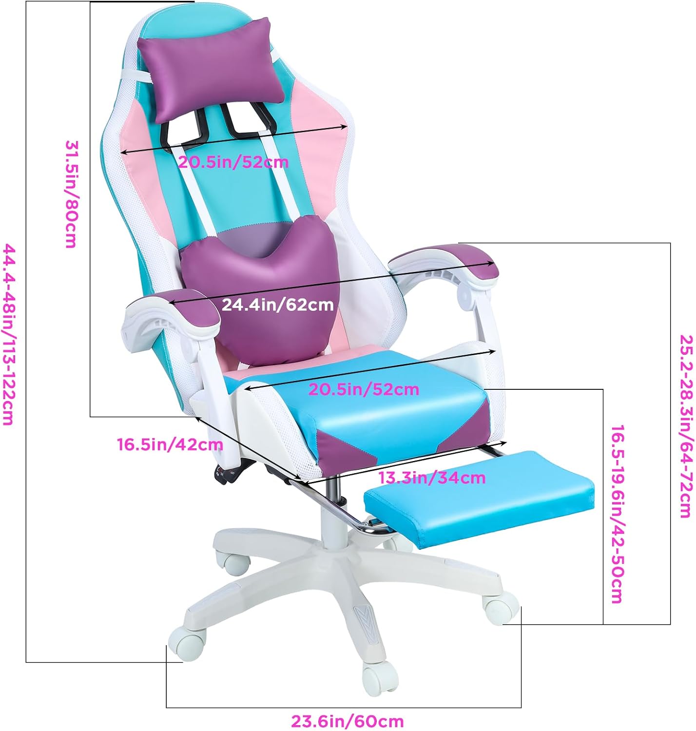 Talent Star Ergonomic Gaming Chair,Reclining Video Game Chair,with RGB LED Lights Massage and Footrest Heart High Back Adjustable Lumbar Support for Adult Height Adjustable with 360° Swivel Chair Pu