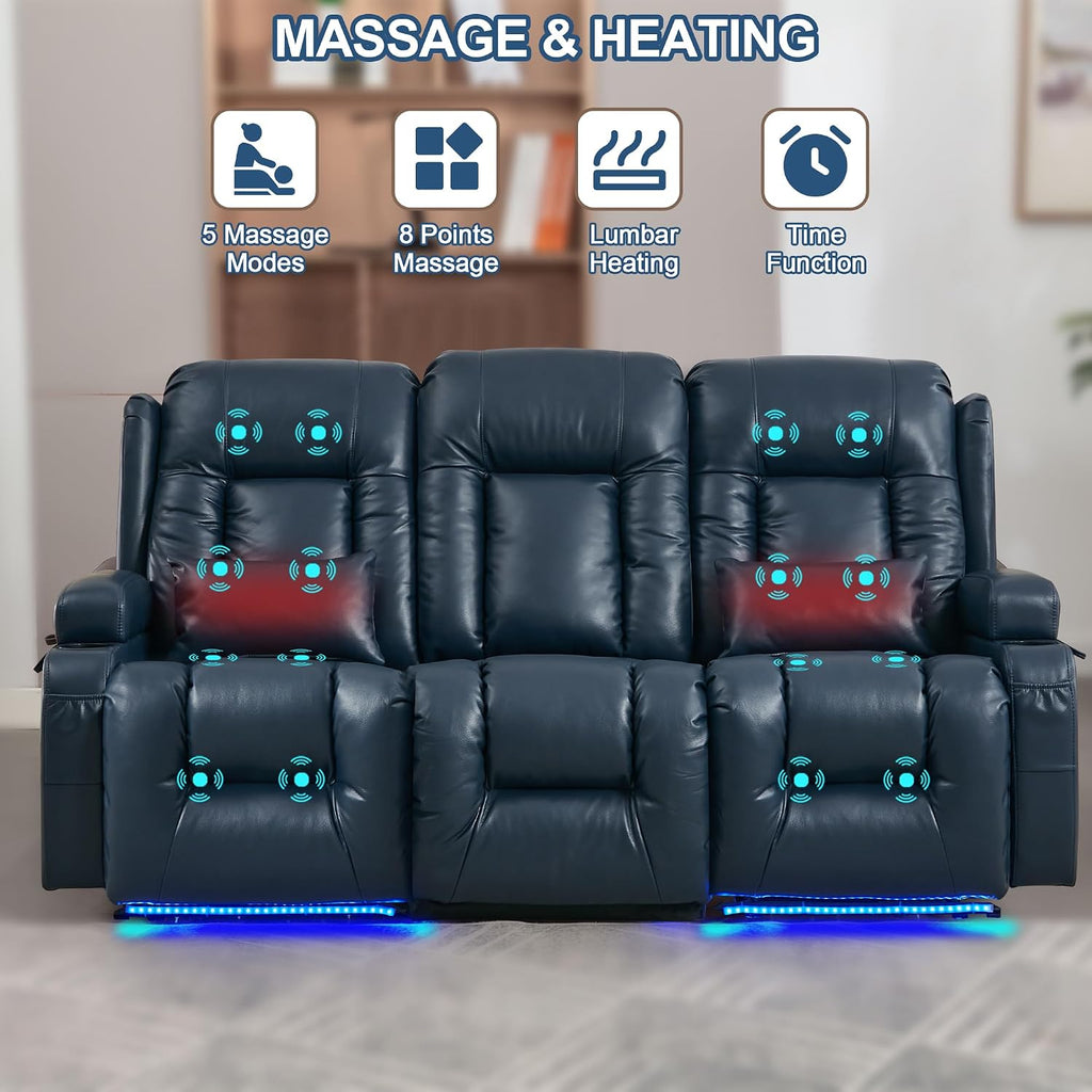 TUNYI Power Loveseat Recliner Sofa with Massage & Heat Home Theater Seating with Console RV Recliner Loveseat Sofa with USB/Storage/Side Pocket/LED Light/Speaker (Blue, 3 Seat)