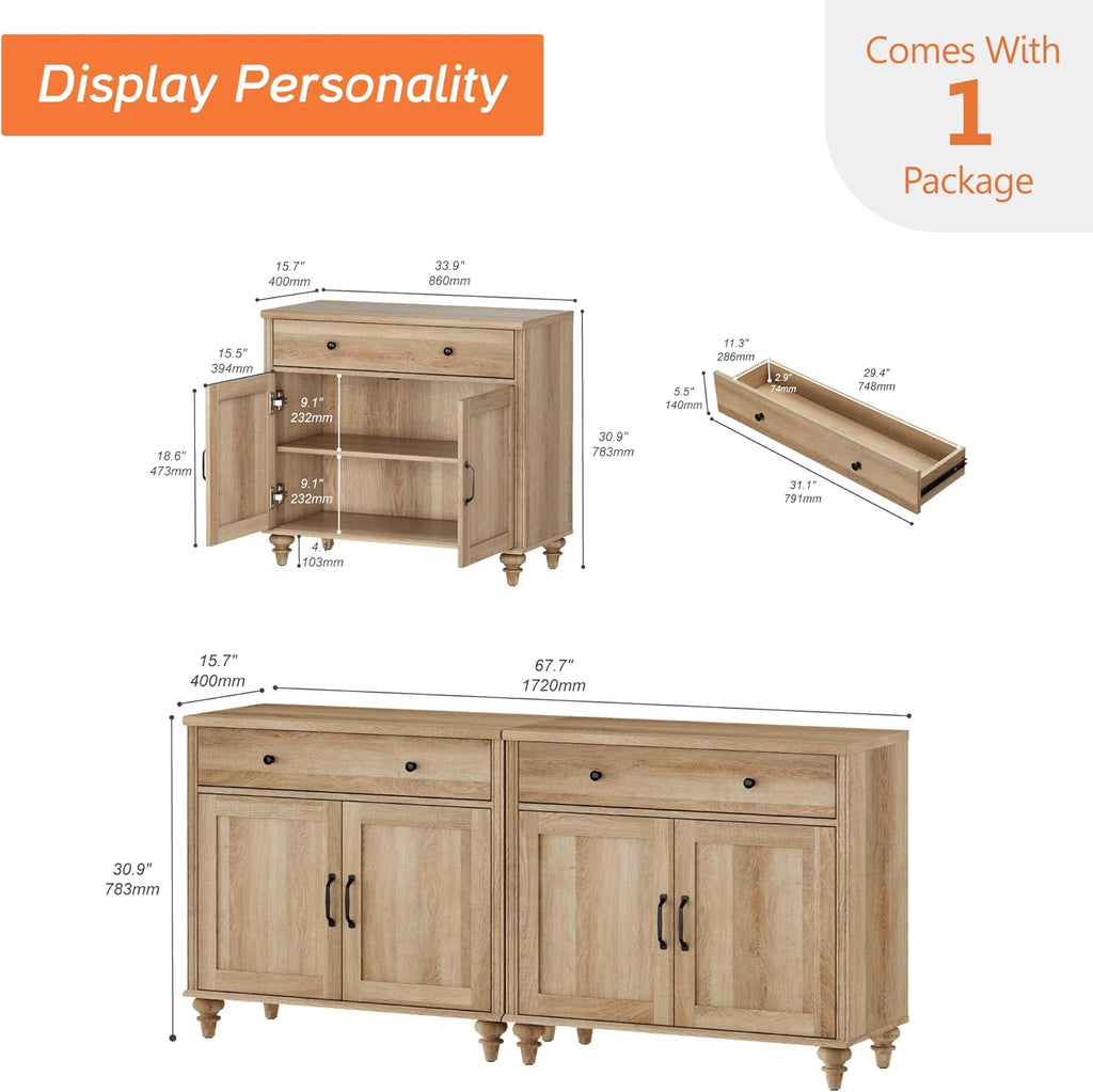 WAMPAT Farmhouse TV Stand for 75 inch TV with 4 Doors and 2 Drawers, Wood Universal TV Stand with Storage Cabinets, Oak Entertainment Center TV Console Table for Living Room, Bedroom